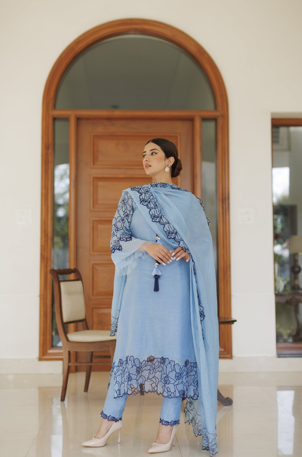 Blue Floral Cutwork Shirt with Dupatta