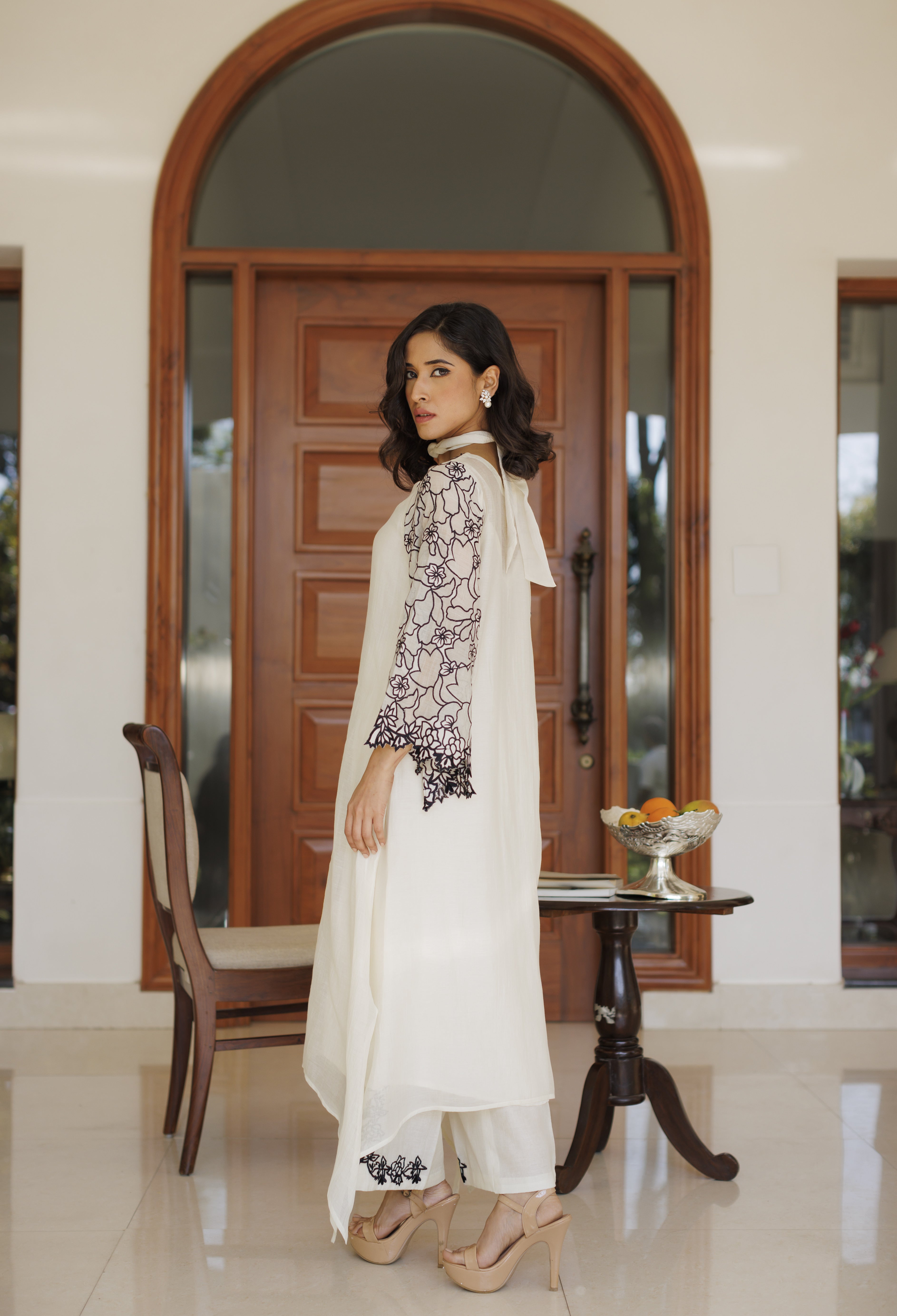 Off White Floral Cutwork Kurta Set