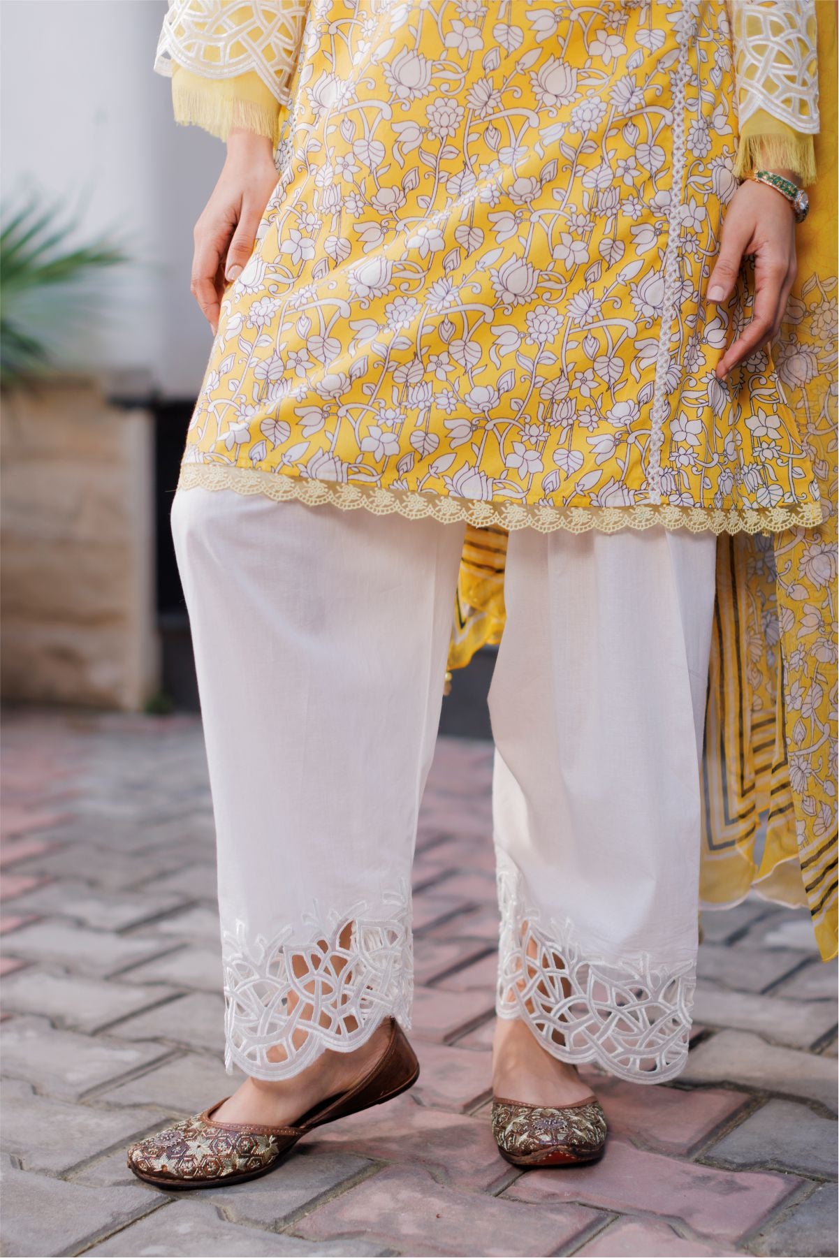 Yellow Cutwork Short Kurta with Dupatta