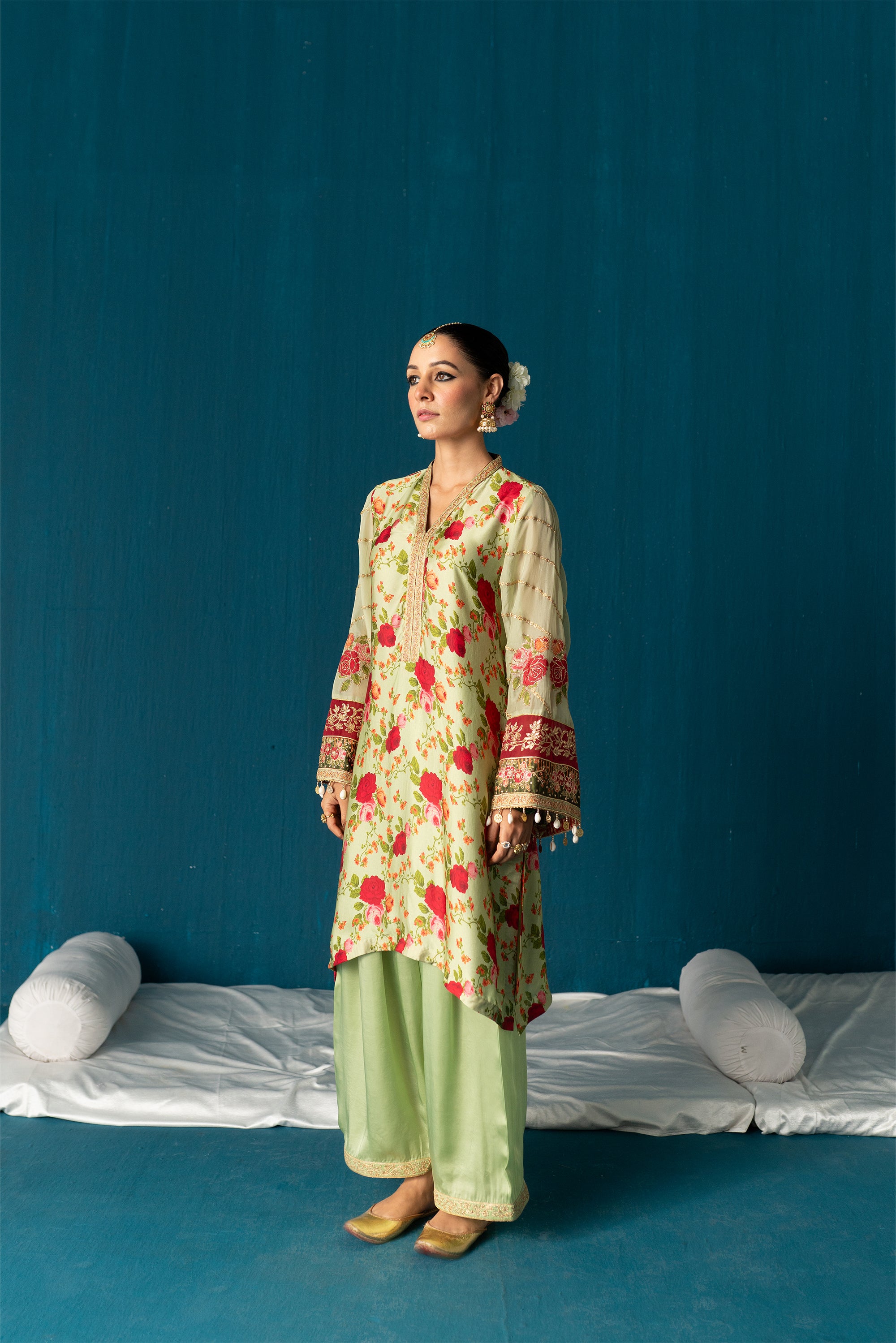 Iqra- Printed Satin Kurta Set - Olive