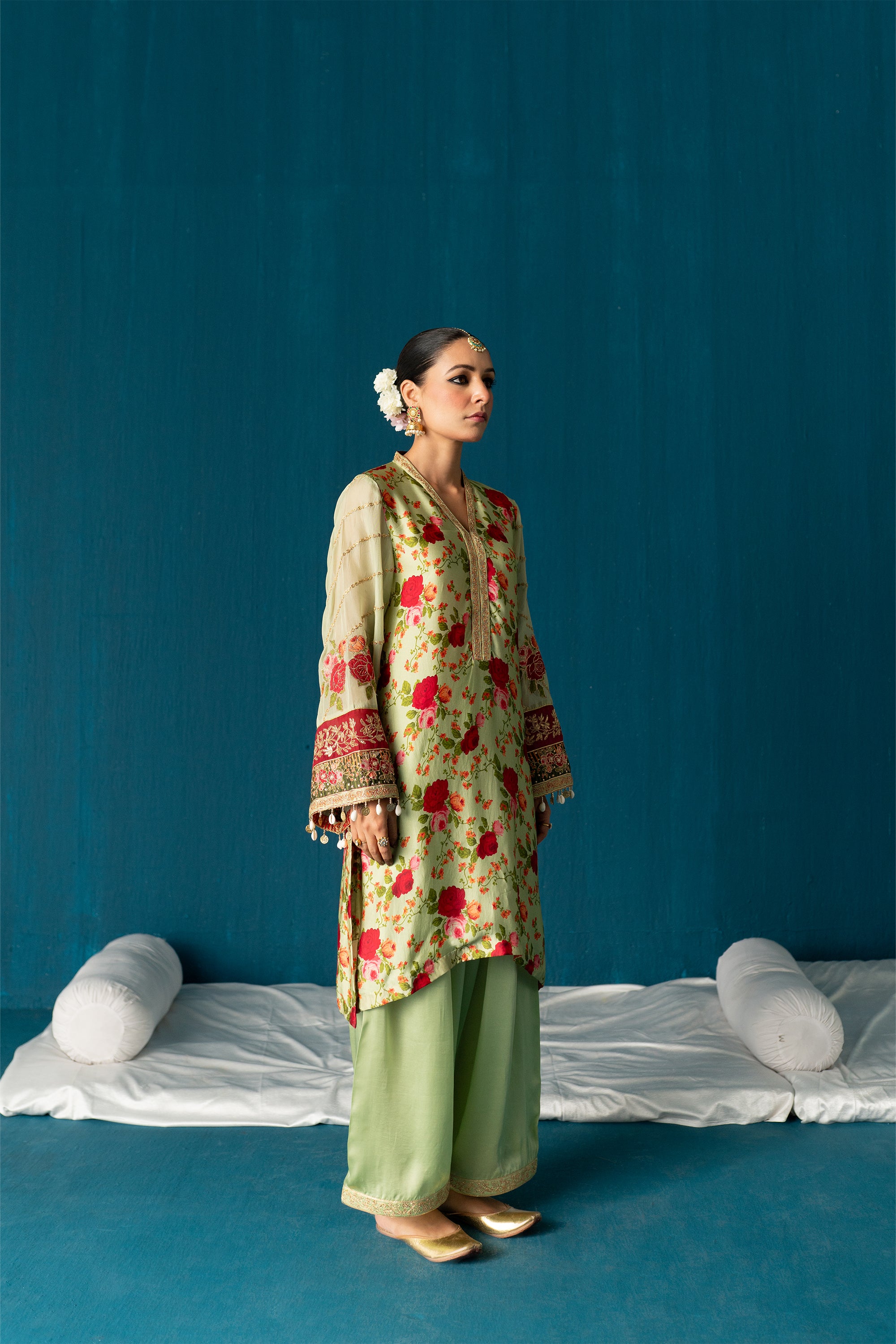 Iqra- Printed Satin Kurta Set - Olive