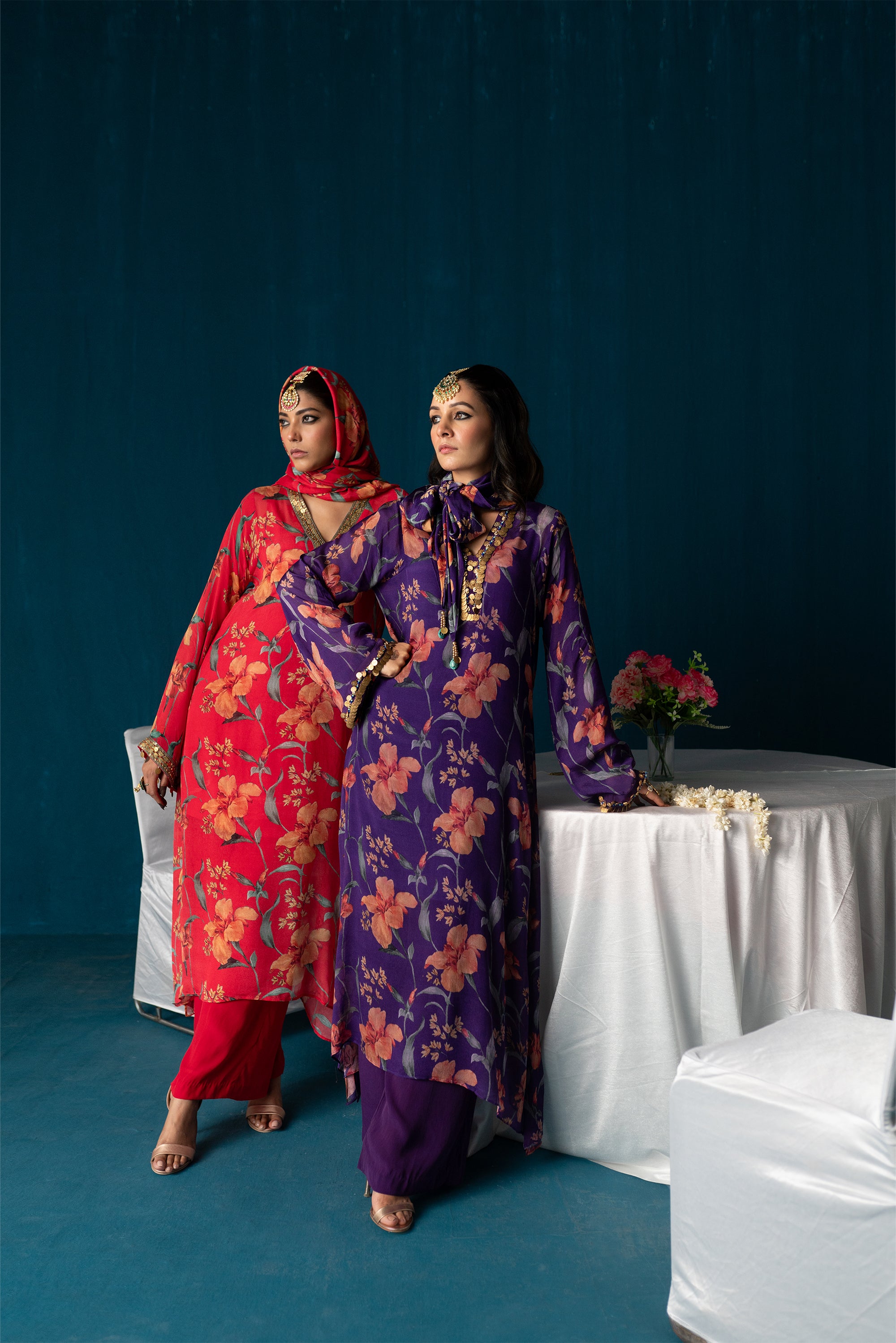 Sairah- Printed Georgette Kurta Set - Purple