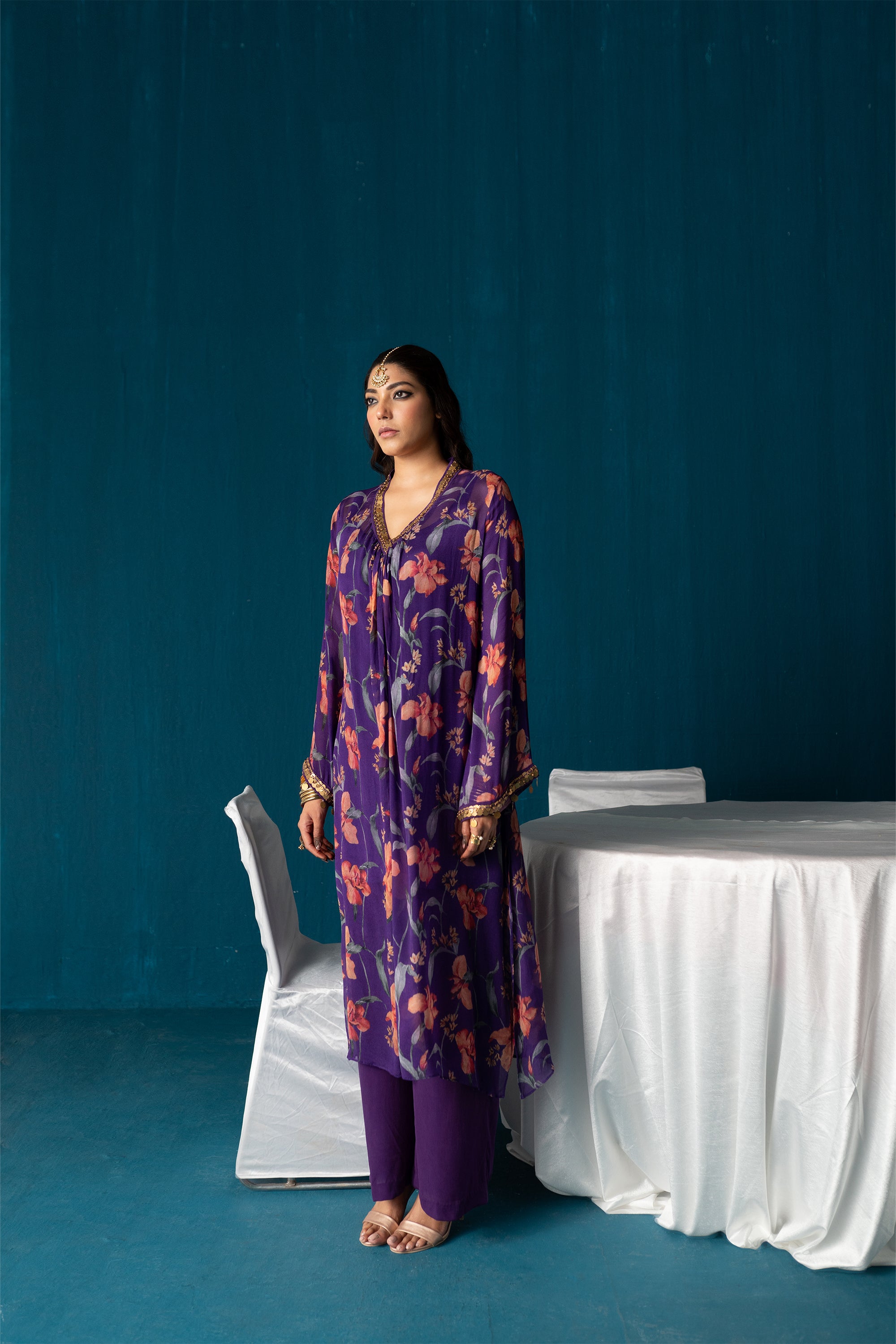 Nazia- Pleated Kurta Set- Purple