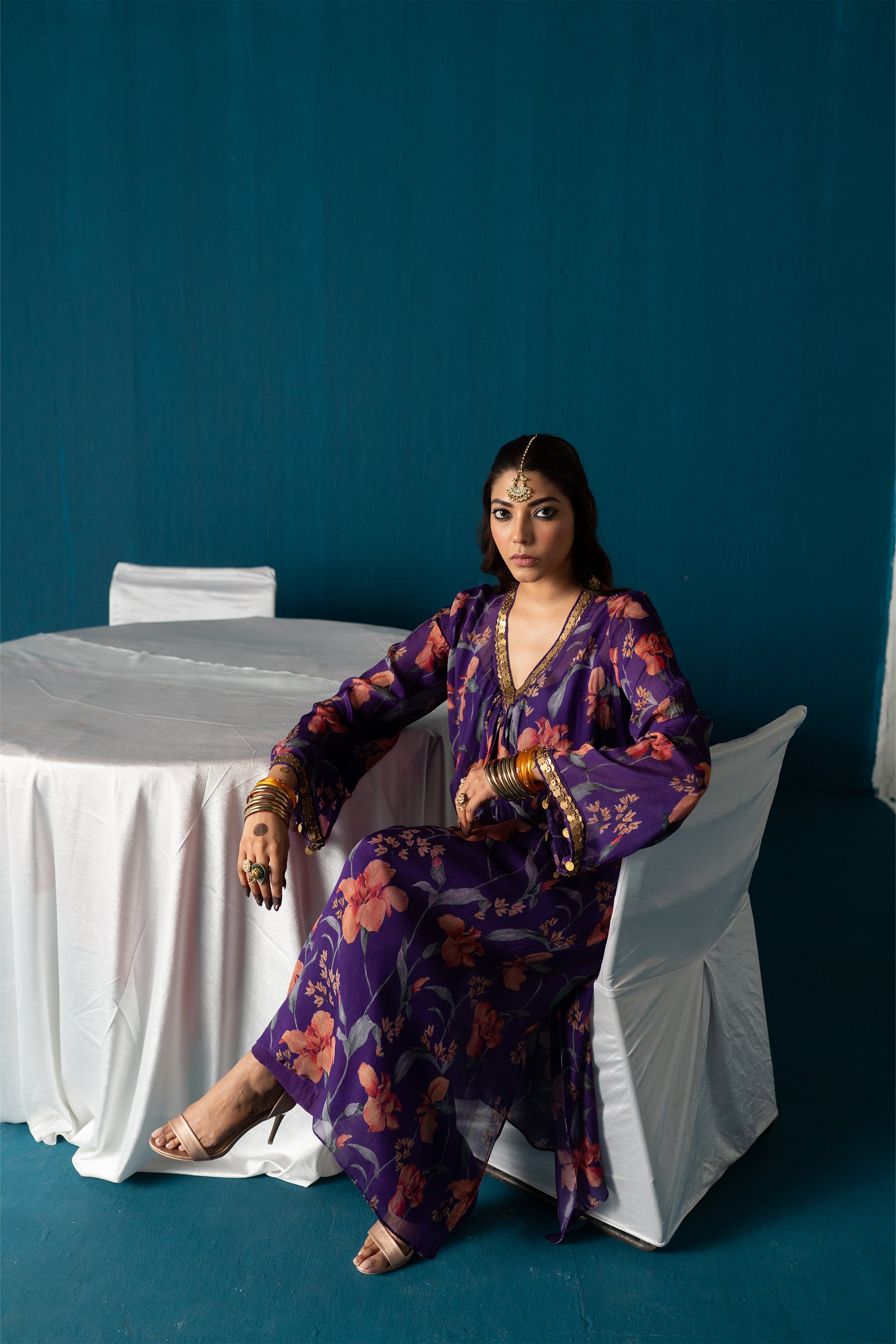 Nazia- Pleated Kurta Set- Purple