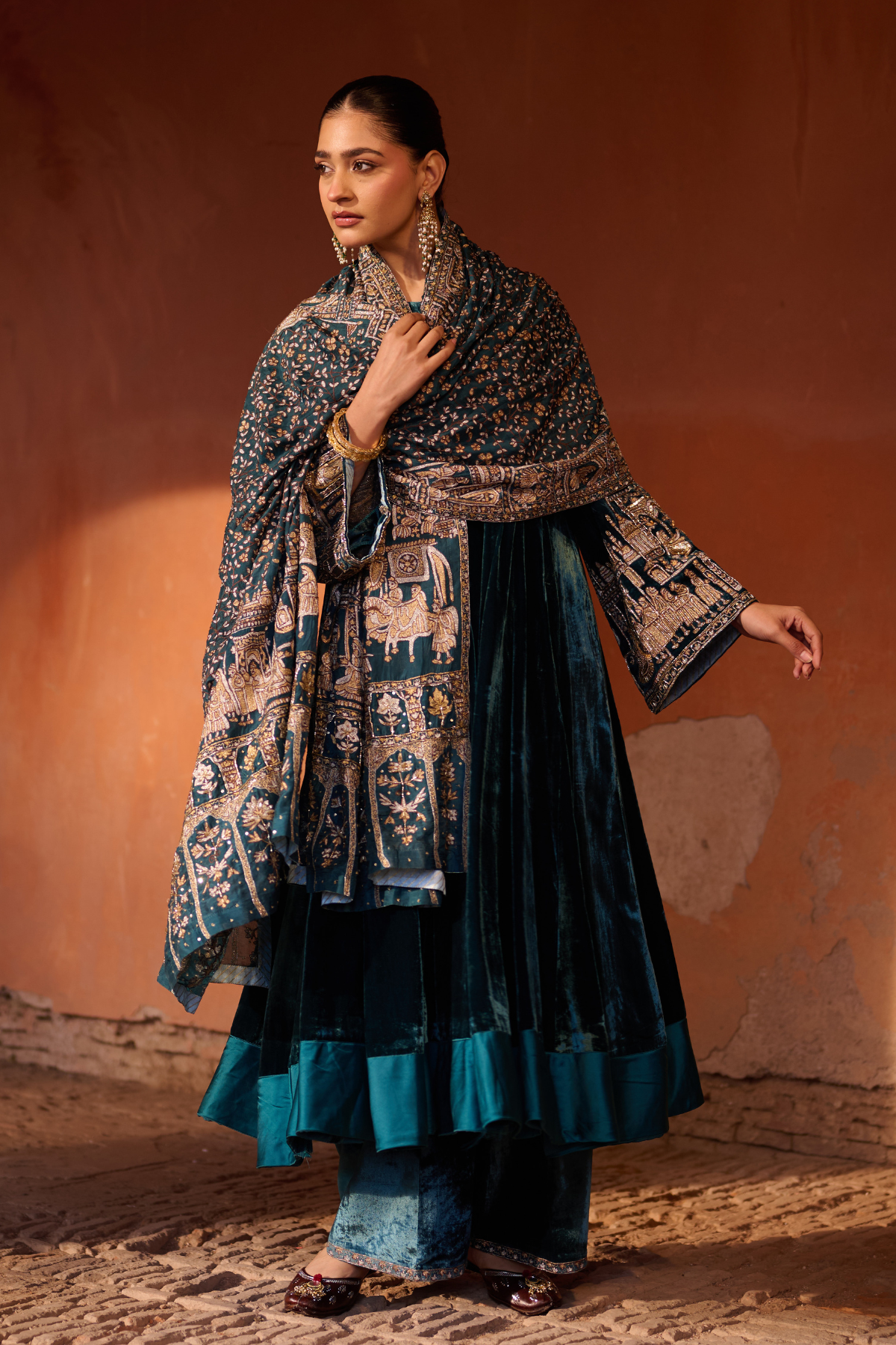 TEAL BLUE ANARKALI WITH ODHNI