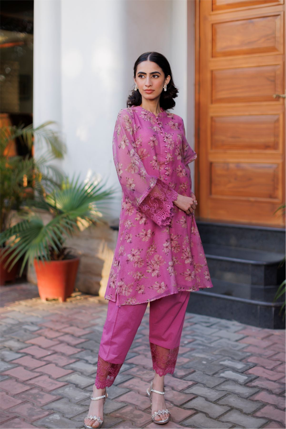 Mauve Cotton Net Kurta Set