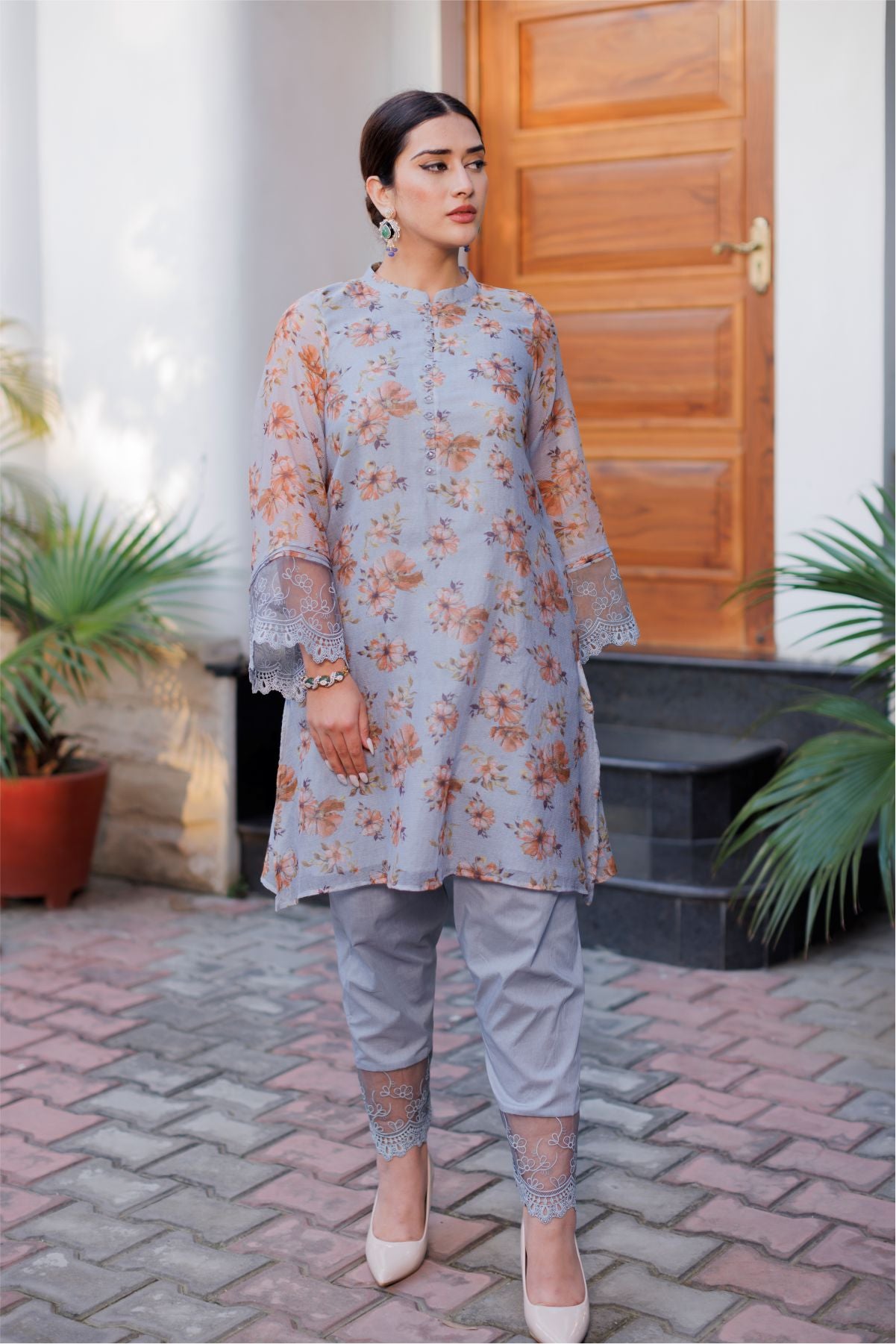 Grey Cotton Net Kurta Set