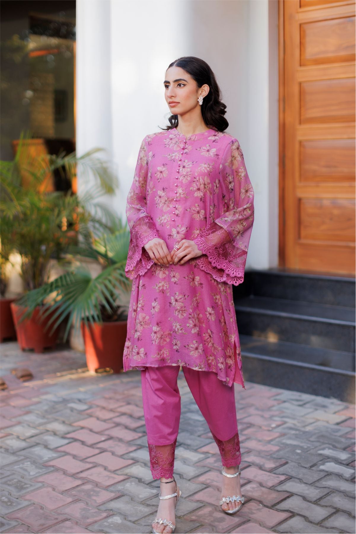 Mauve Cotton Net Kurta Set