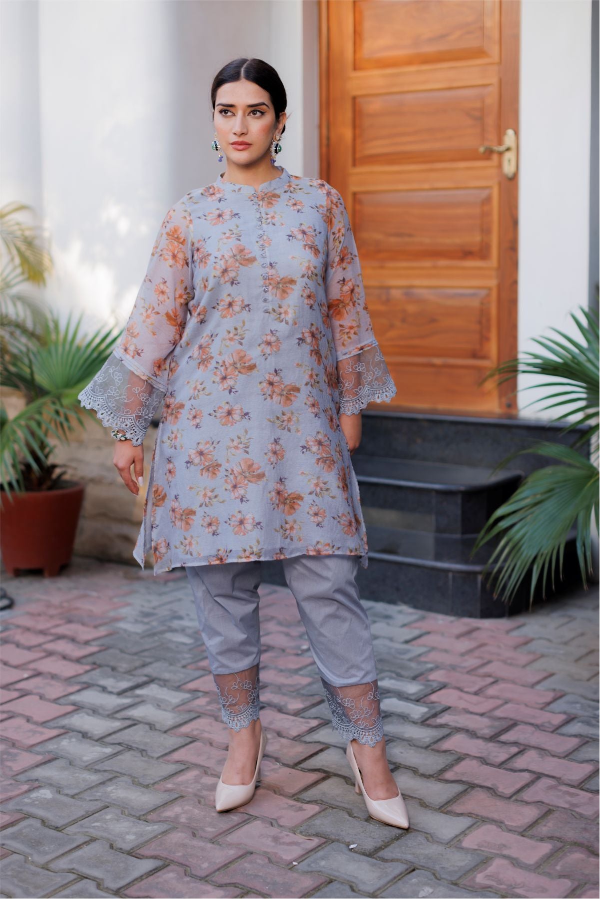 Grey Cotton Net Kurta Set