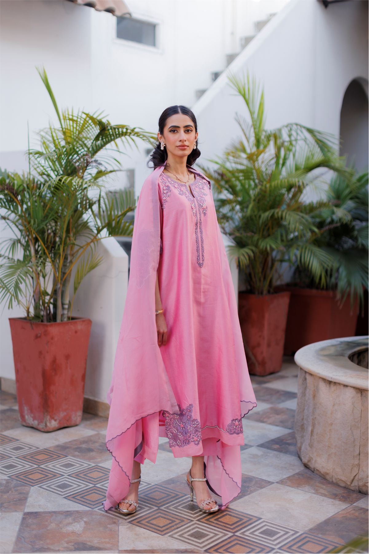 Pink Embroidered Shirt with Dupatta