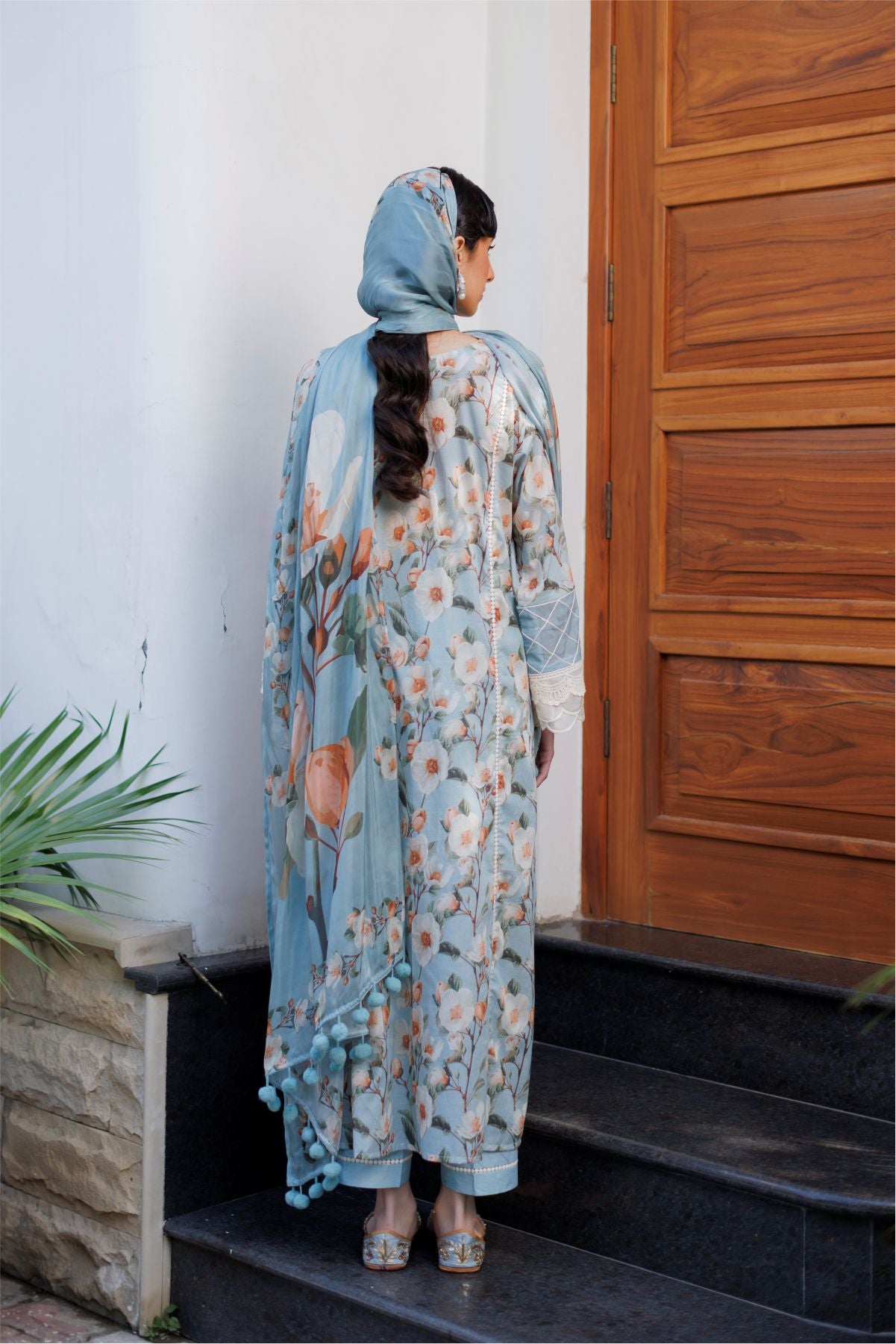 Aqua Blue Floral Shirt with Dupatta