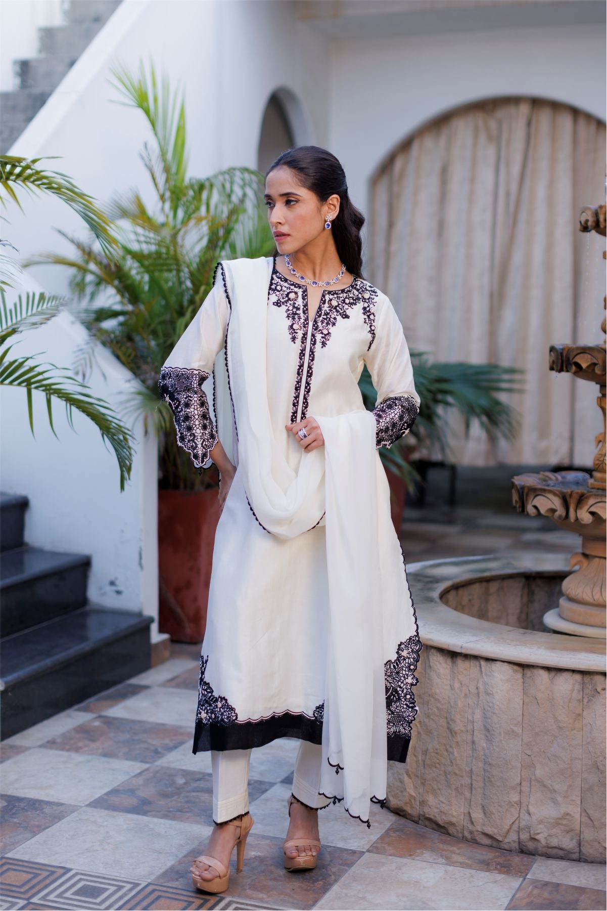 Off White Embroidered Shirt with Dupatta