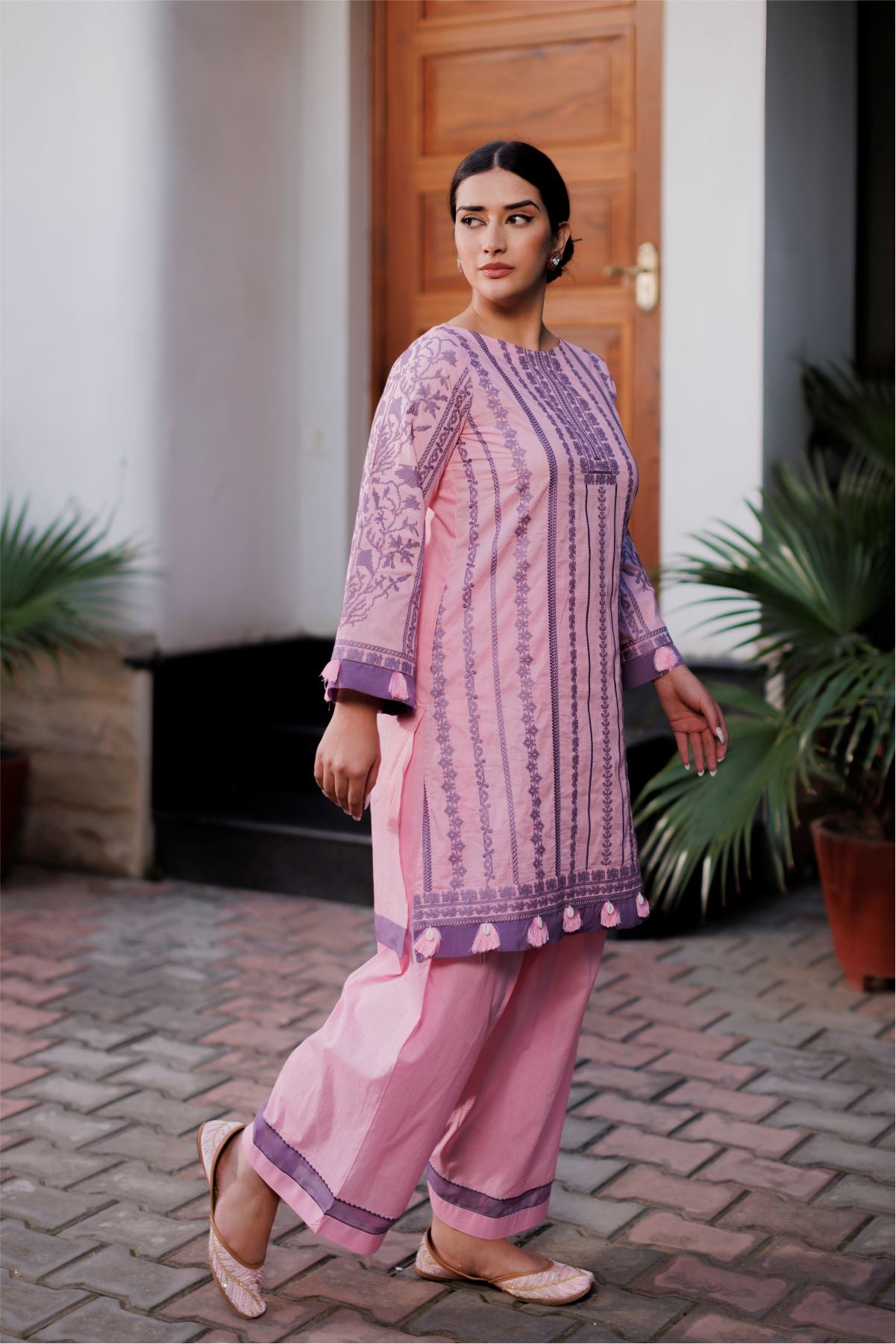 Pink Cross Stitch Kurta Set