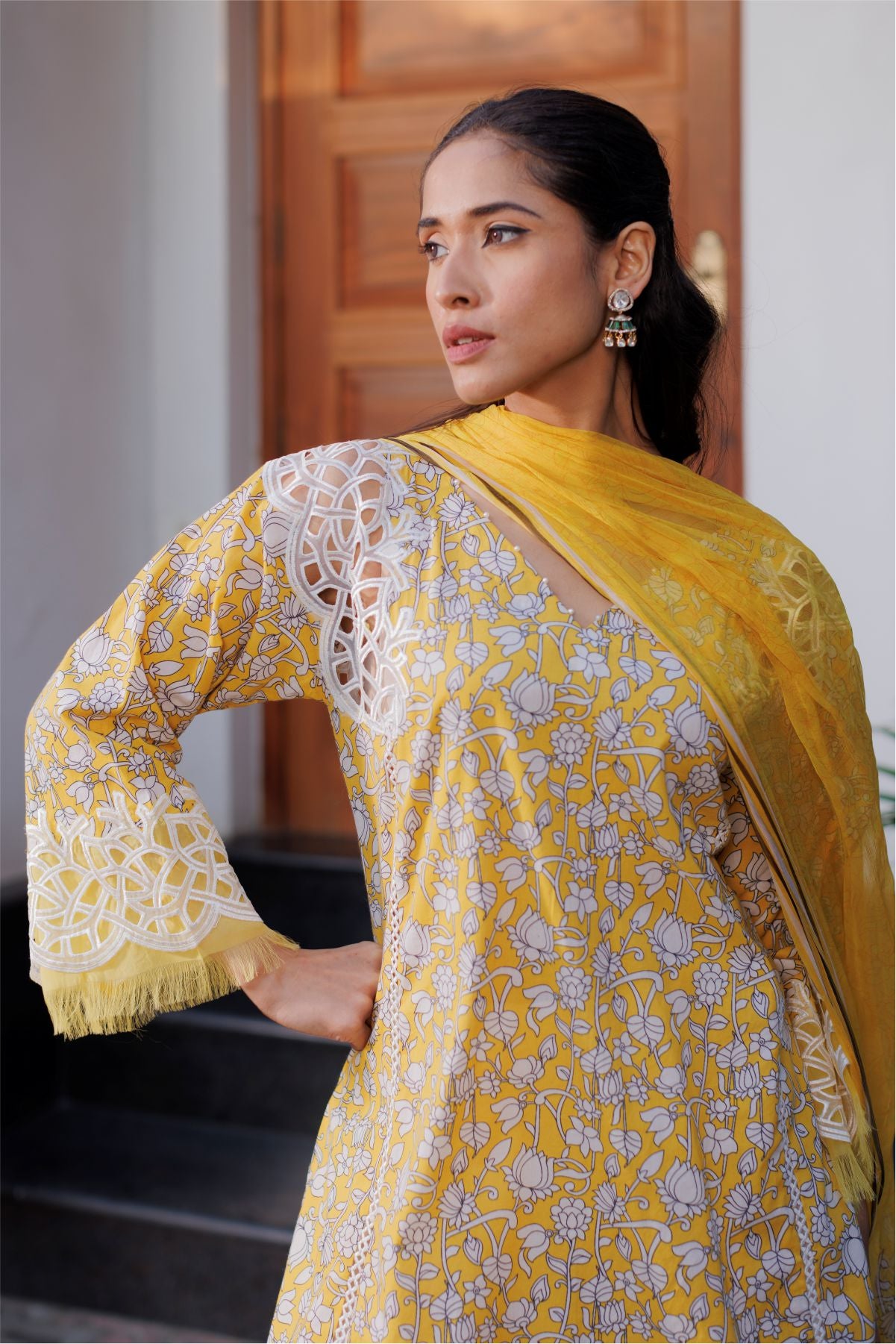 Yellow Cutwork Short Kurta with Dupatta