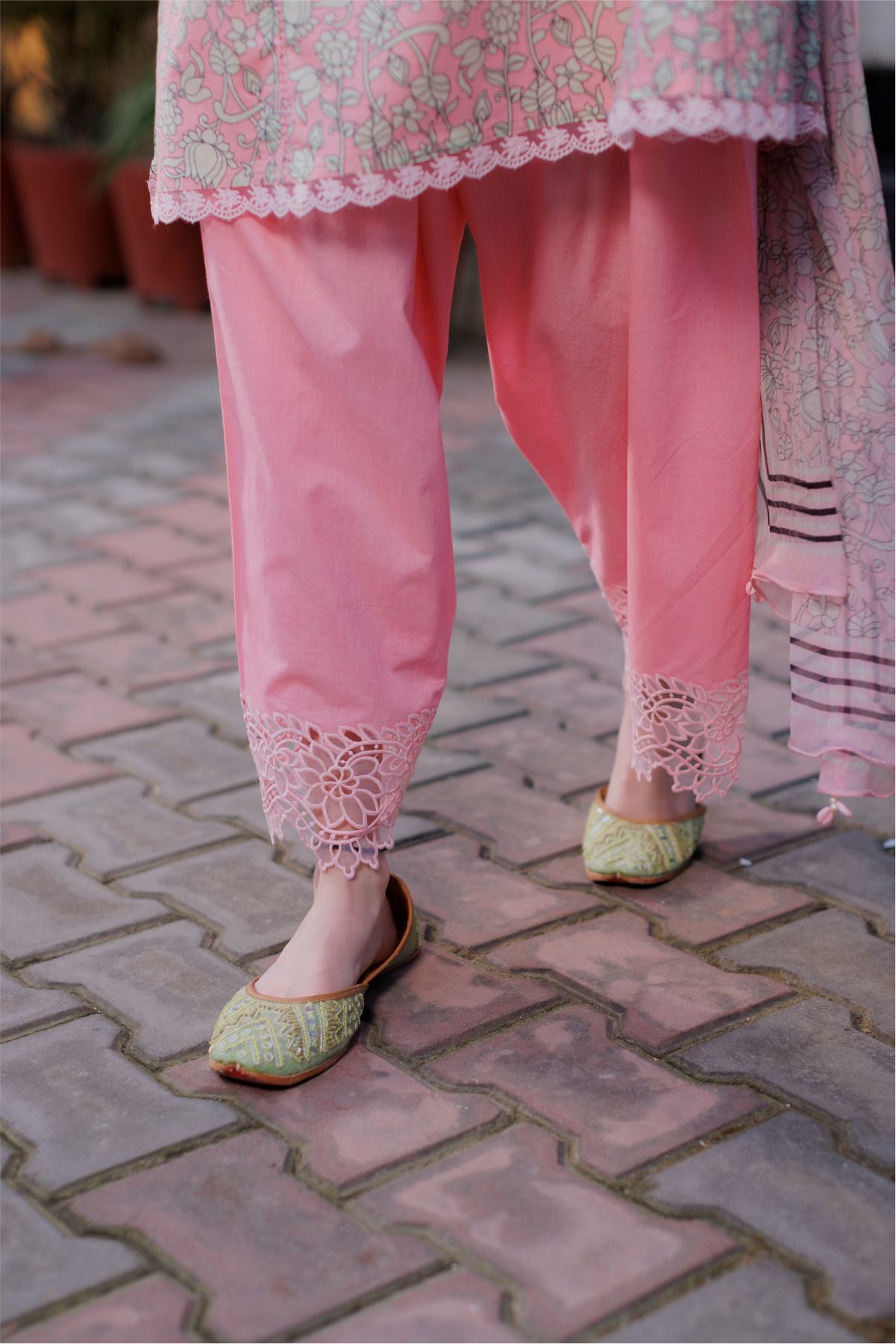 Pink Cutwork Short Kurta with Dupatta