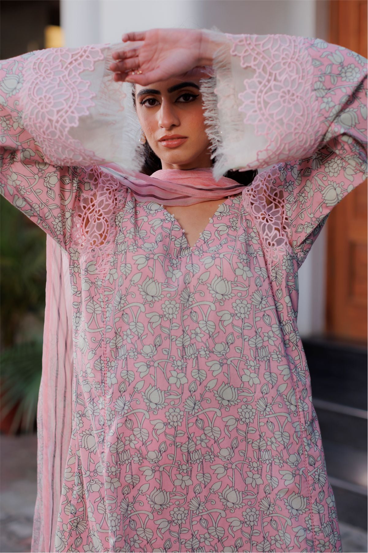 Pink Cutwork Short Kurta with Dupatta