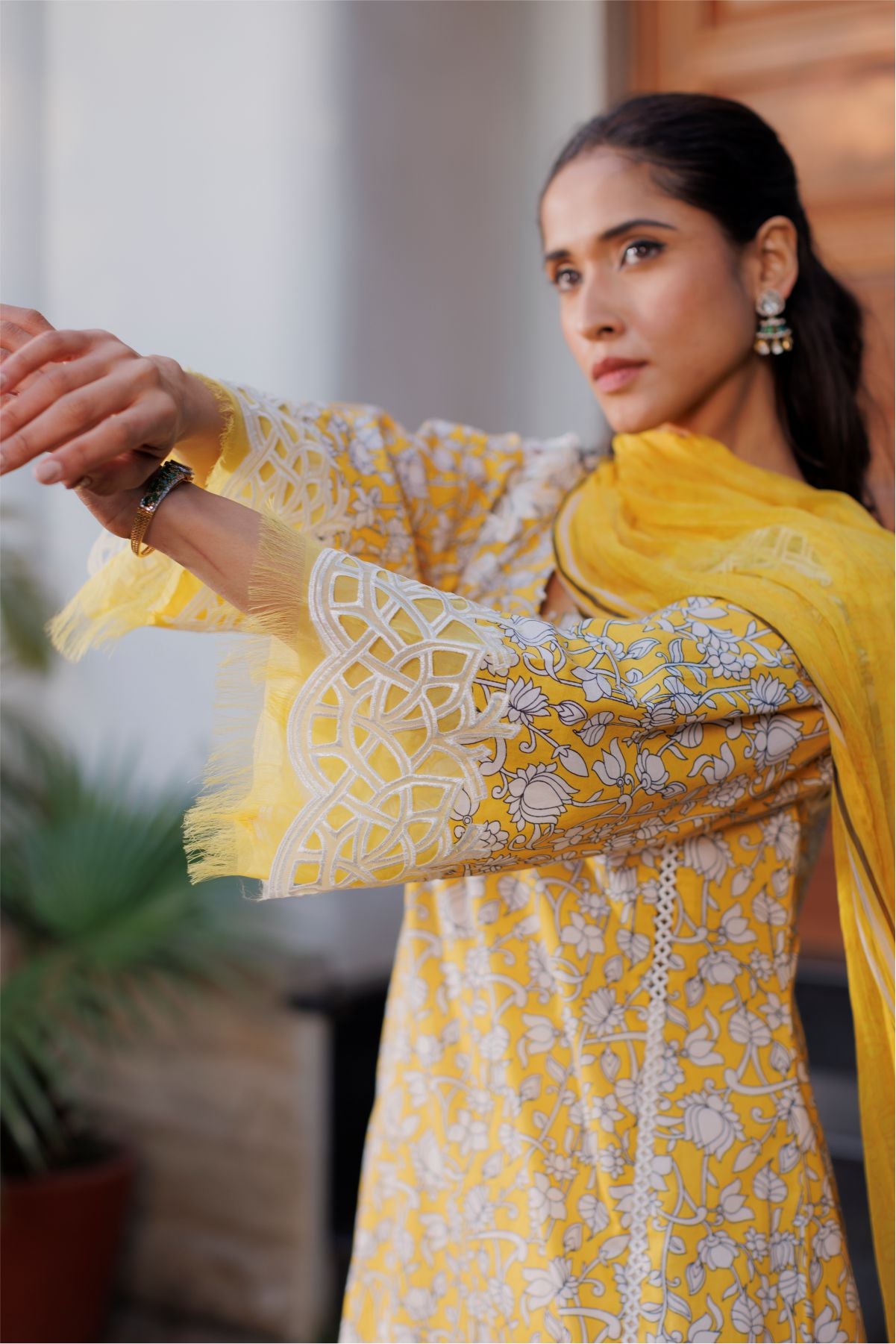 Yellow Cutwork Short Kurta with Dupatta