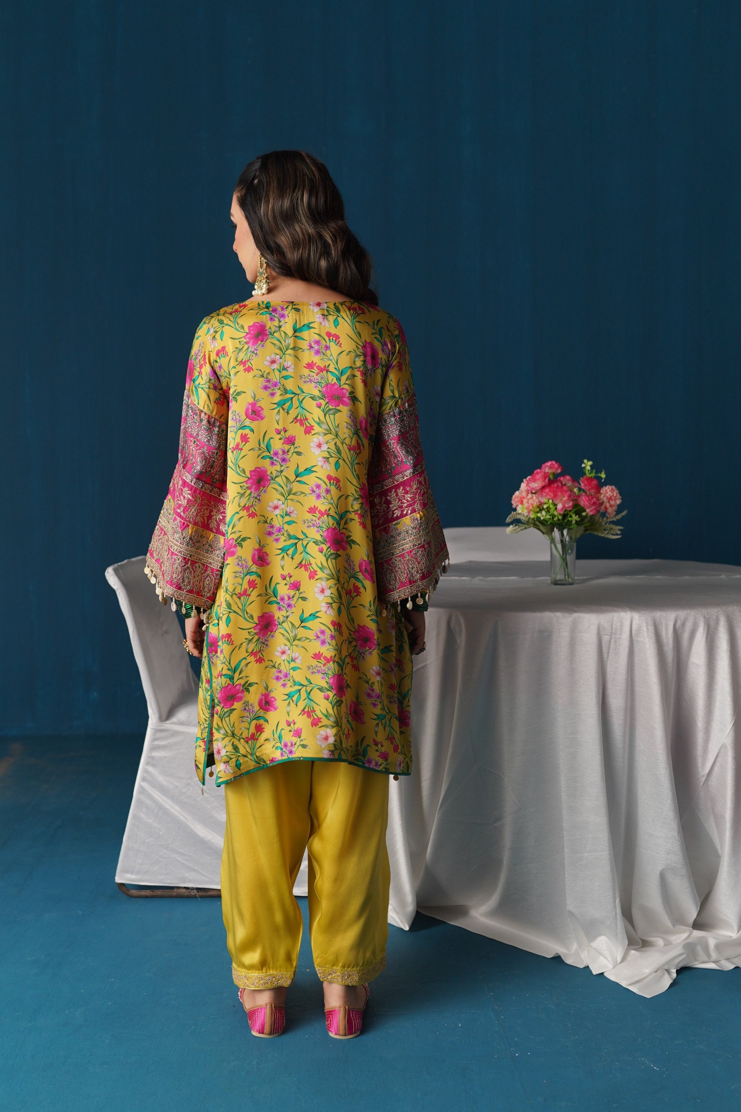 Zaarah- Satin Embroidered Kurta Set - Yellow