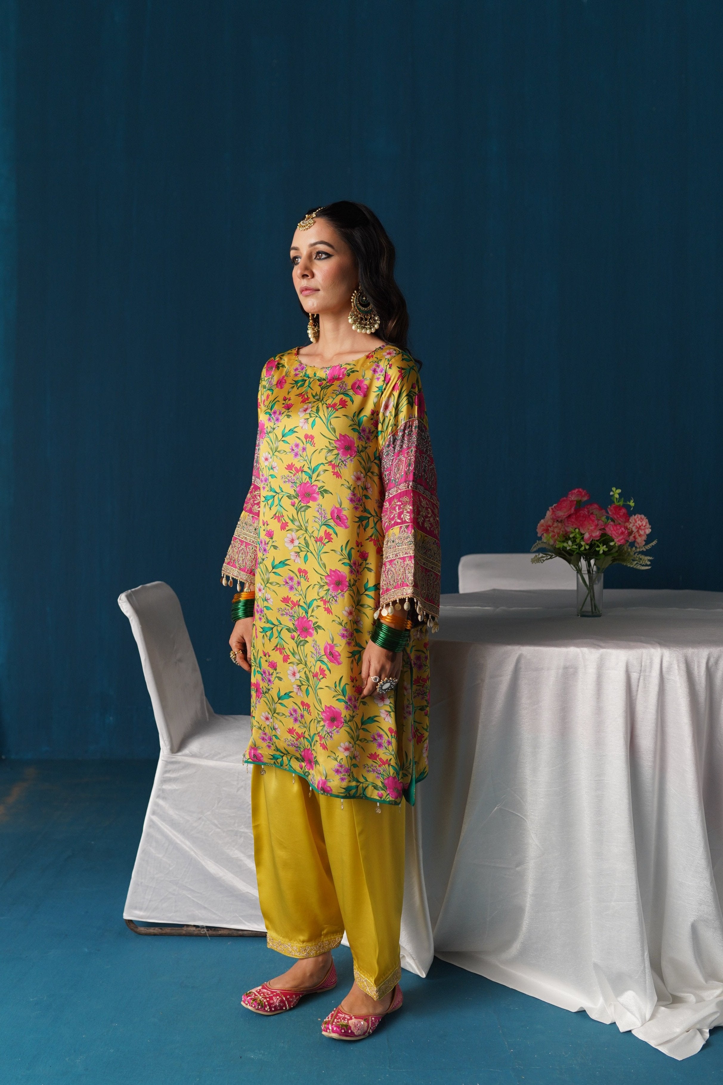 Zaarah- Satin Embroidered Kurta Set - Yellow