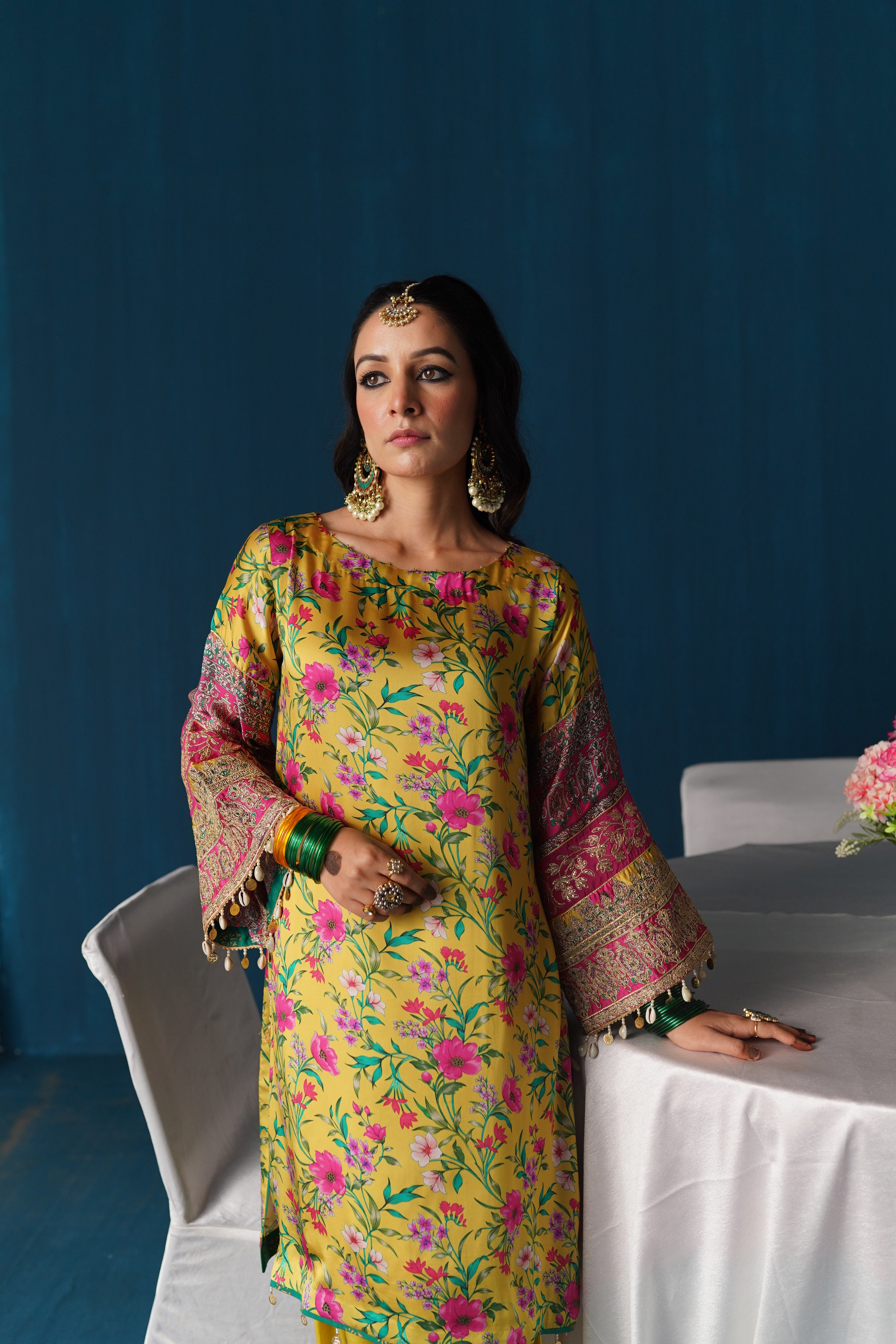 Zaarah- Satin Embroidered Kurta Set - Yellow