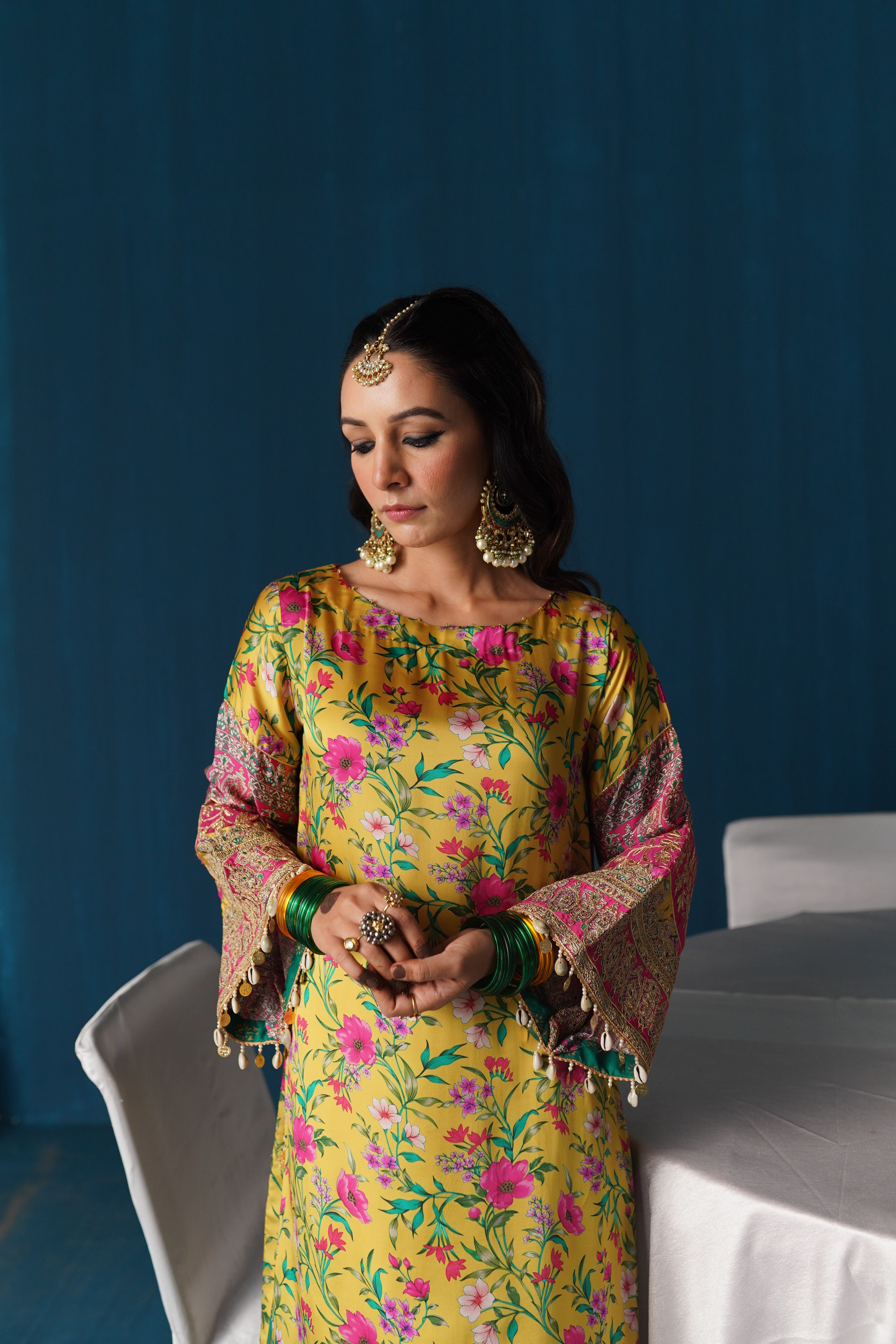Zaarah- Satin Embroidered Kurta Set - Yellow