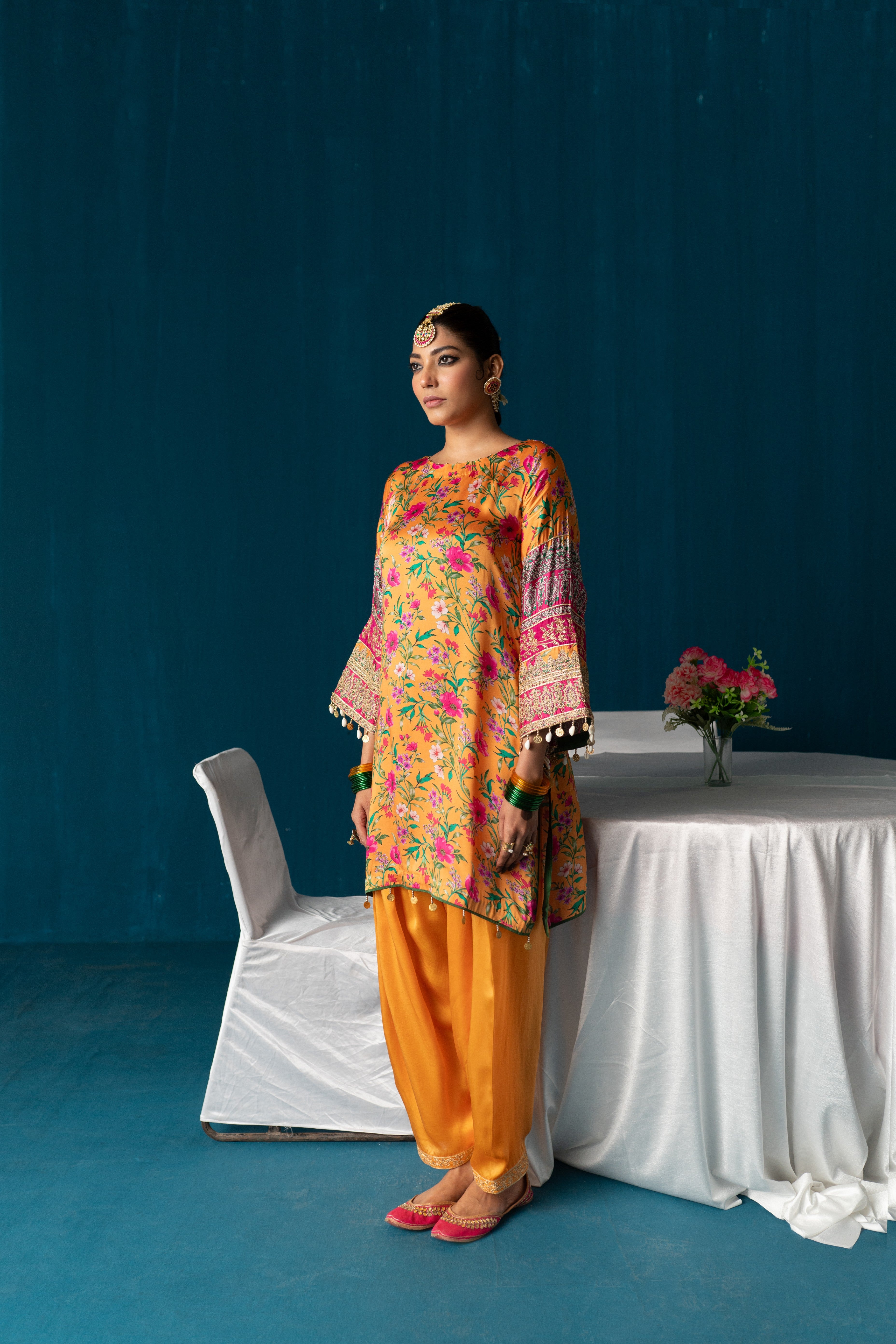 Zaarah- Satin Embroidered Kurta Set - Tan Orange