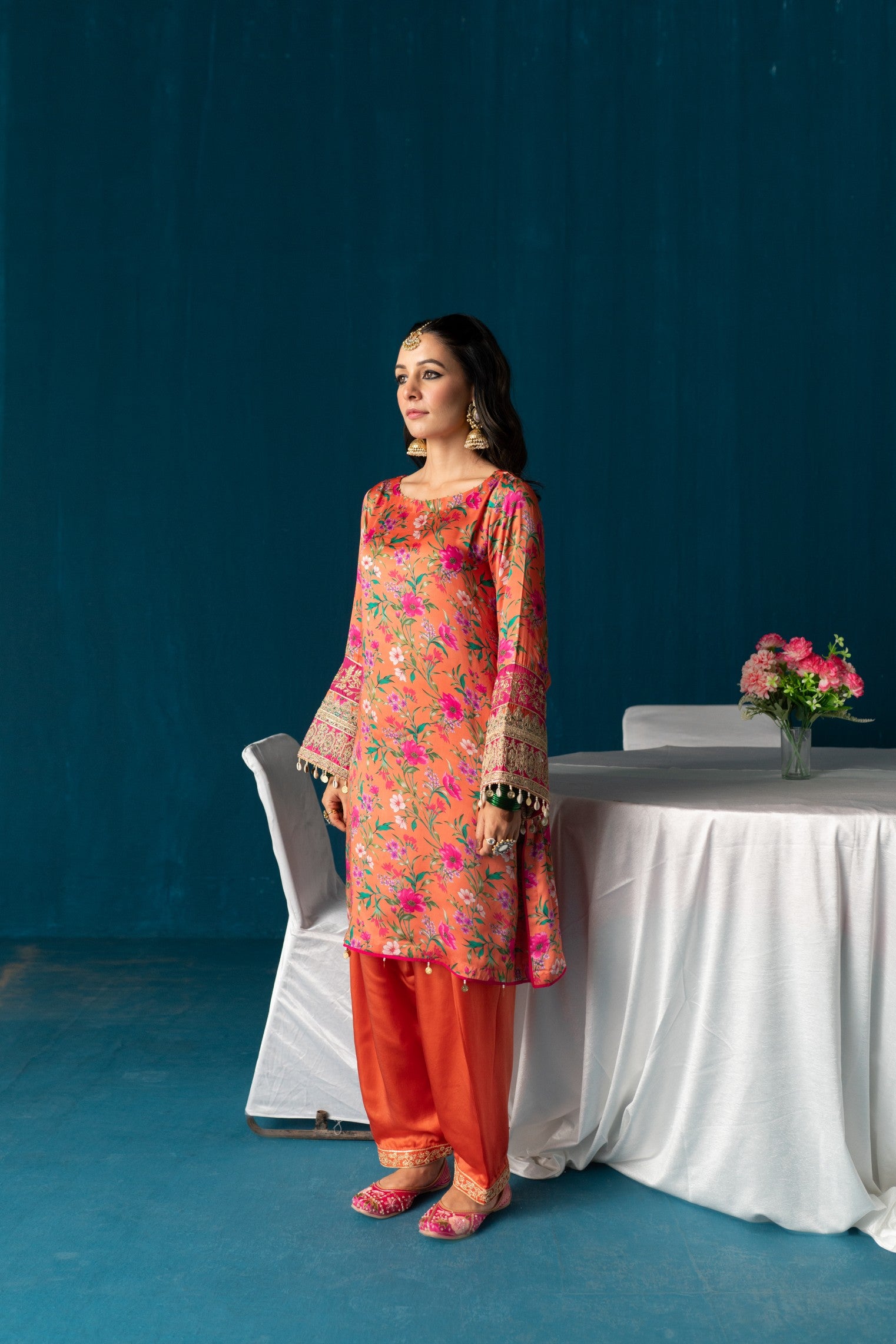Zaarah- Satin Embroidered Kurta Set - Rust