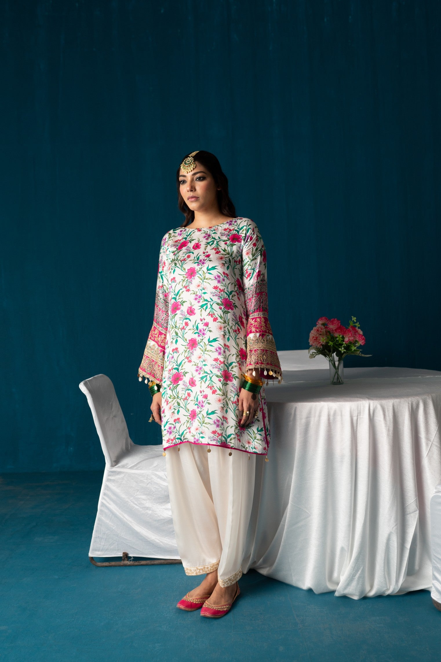 Zaarah- Satin Embroidered Kurta Set - White