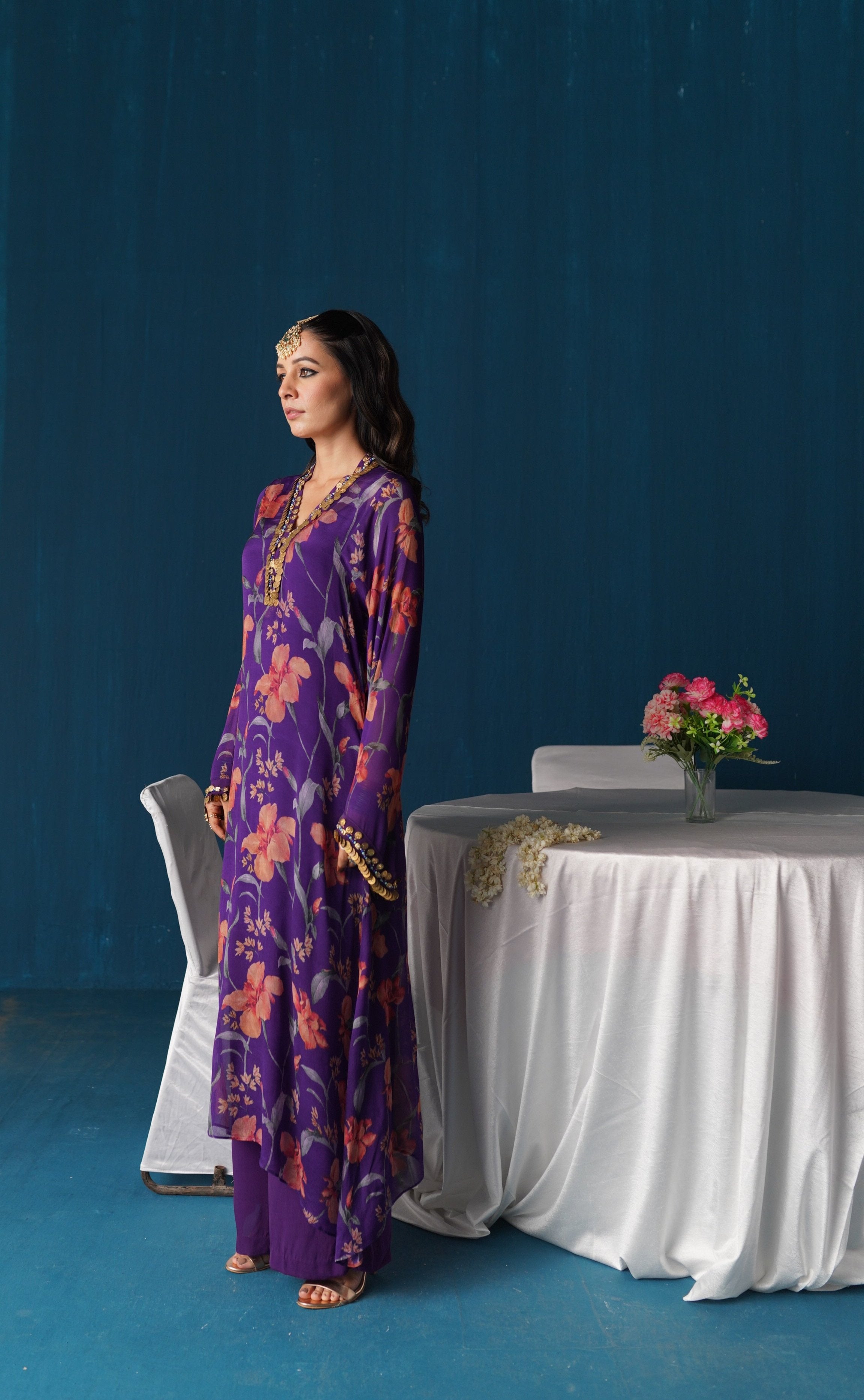 Sairah- Printed Georgette Kurta Set - Purple