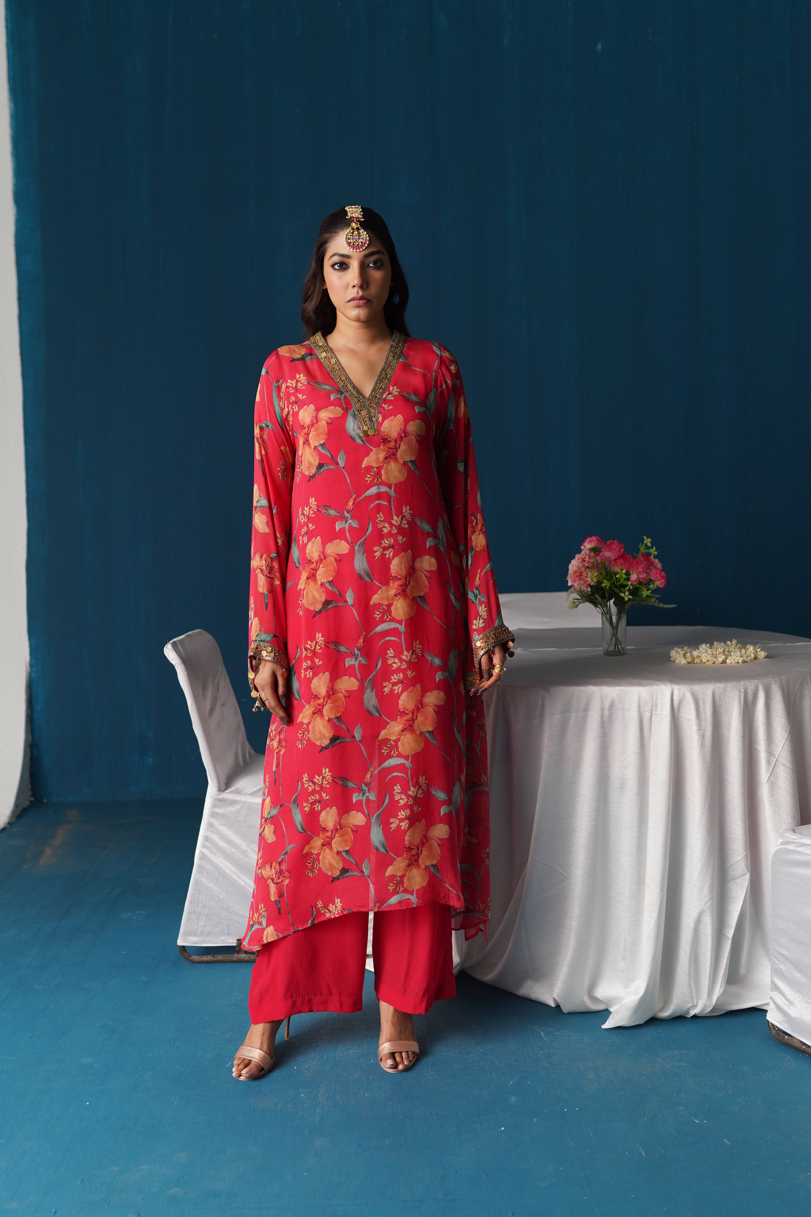 Sairah- Printed Georgette Kurta Set - Red