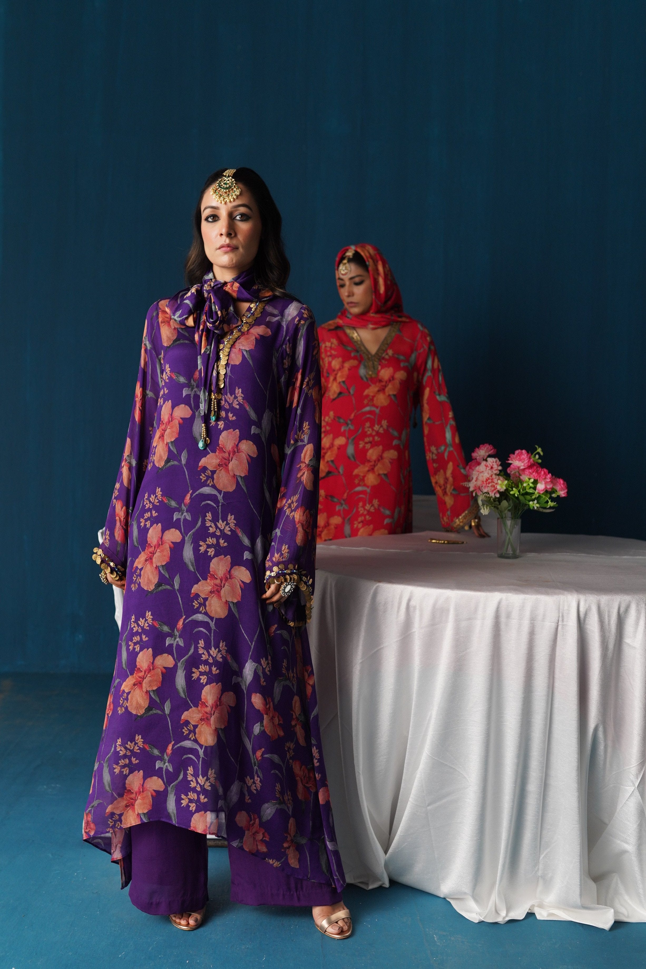 Sairah- Printed Georgette Kurta Set - Purple