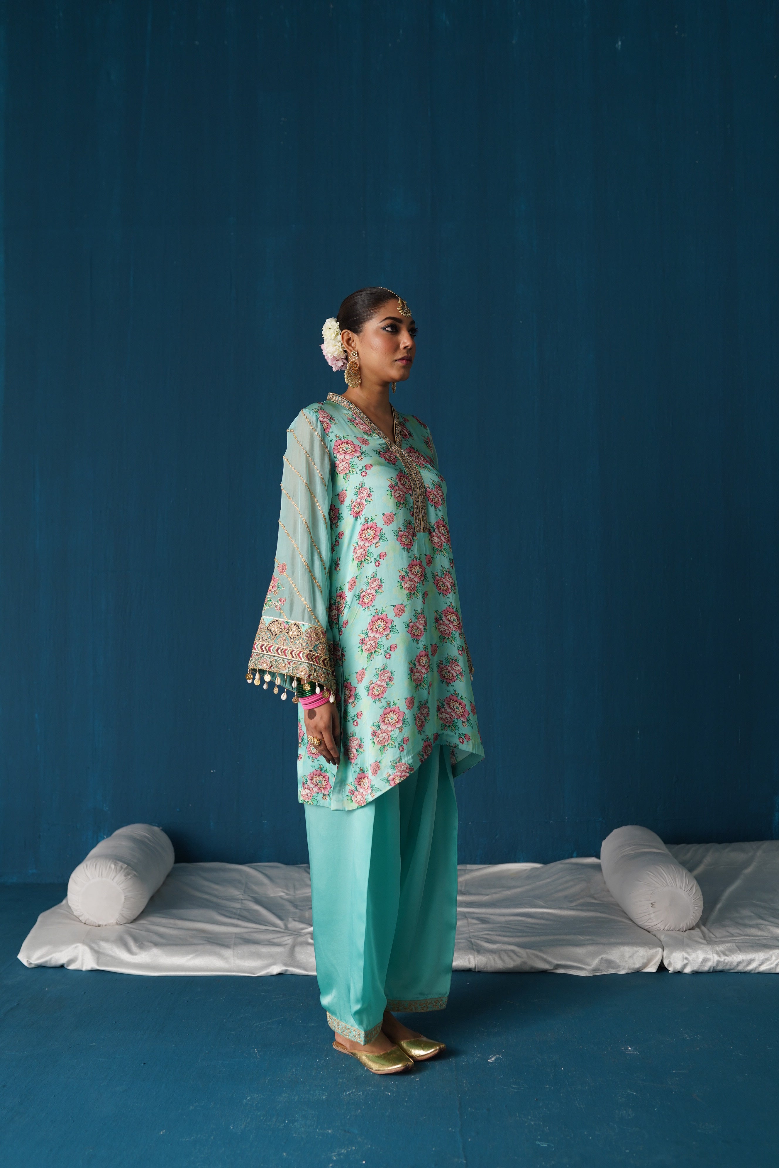 Iqra- Printed Satin Kurta Set - Aqua Blue