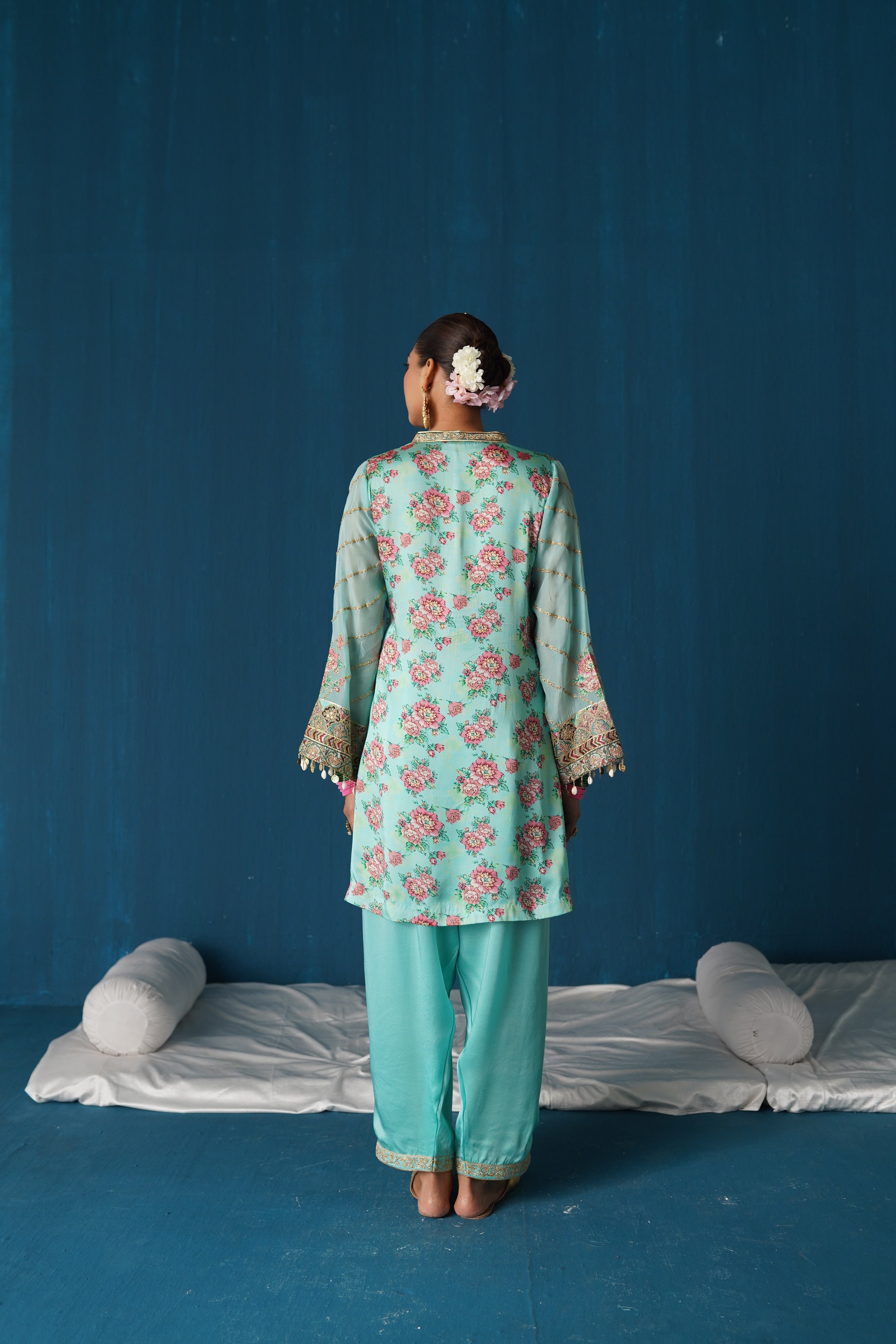 Iqra- Printed Satin Kurta Set - Aqua Blue