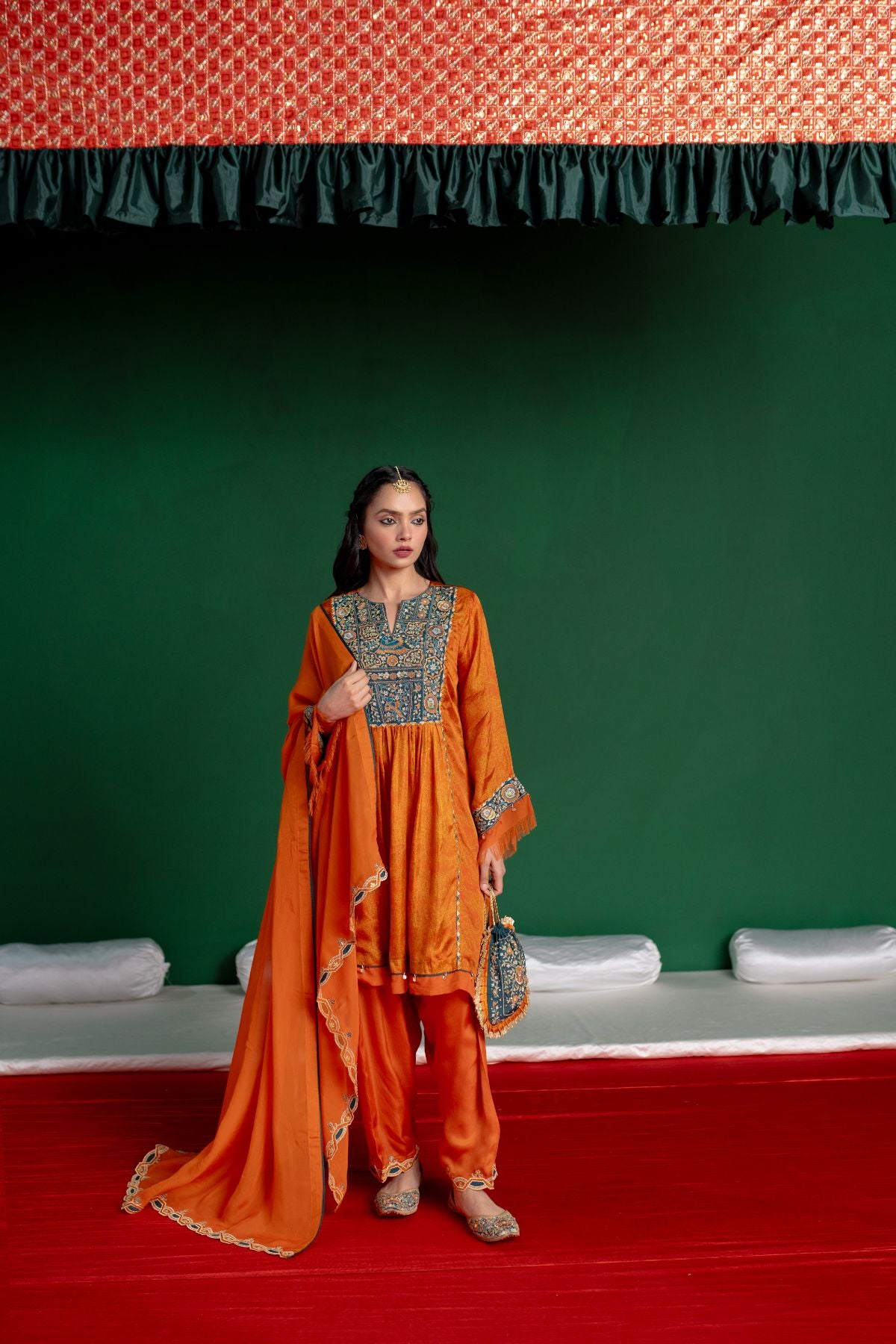 Orange Printed Kurta Set