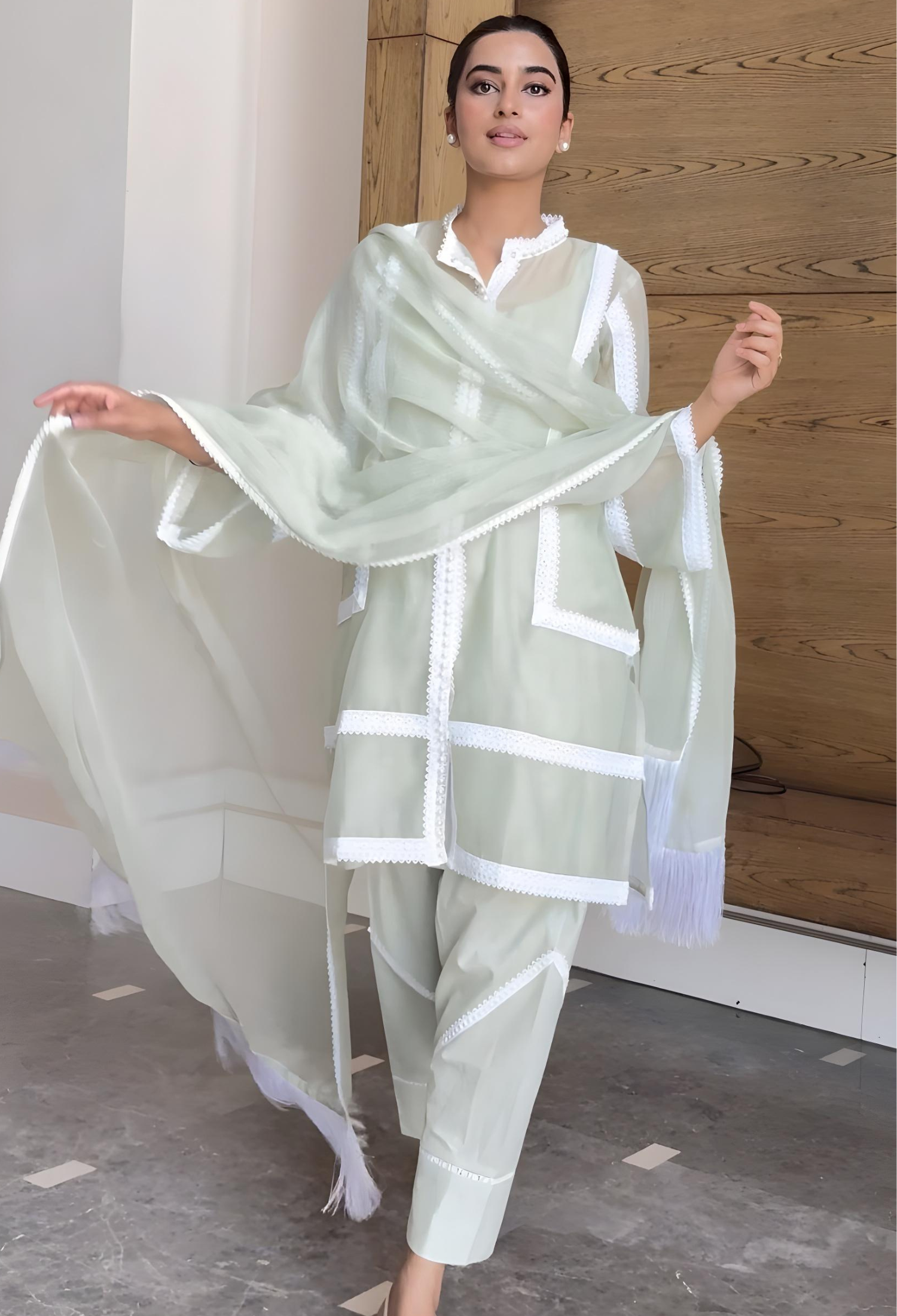 Cotton Net Pearl Jacket Suit - Pista Green