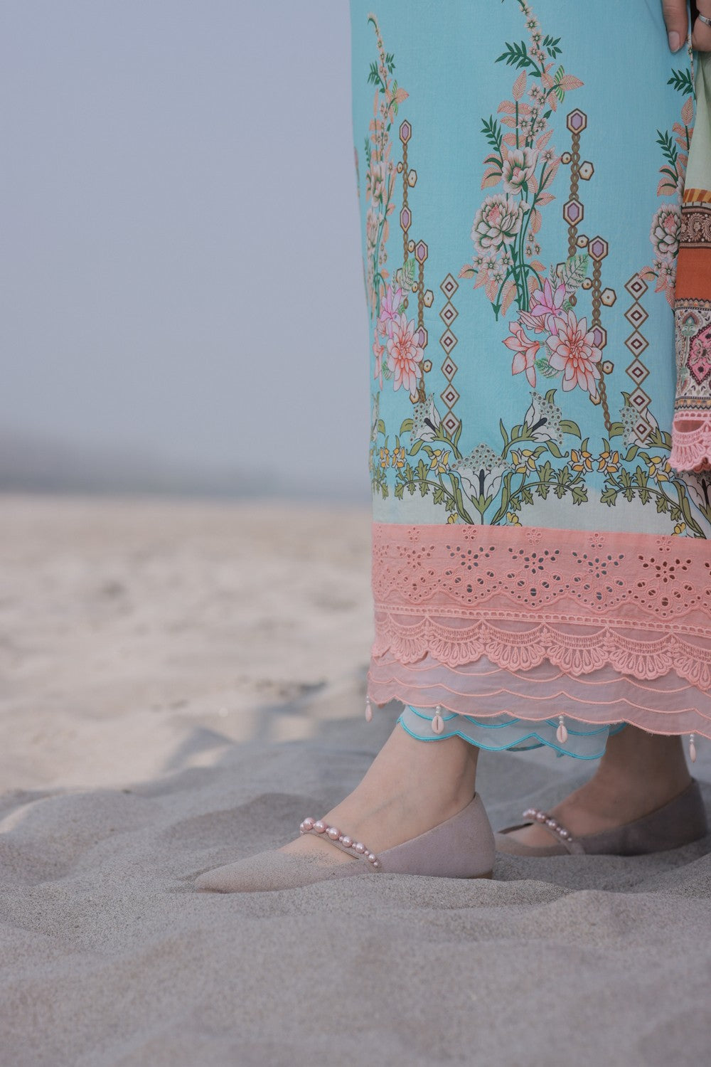 Blue & Peach Printed Lawn Suit