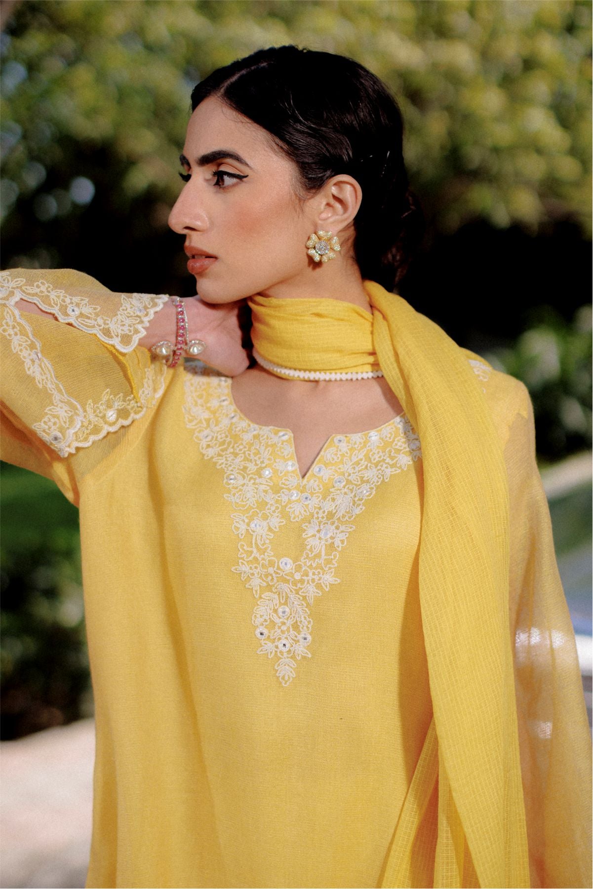 Yellow Cotton Net Kurta with Dupatta