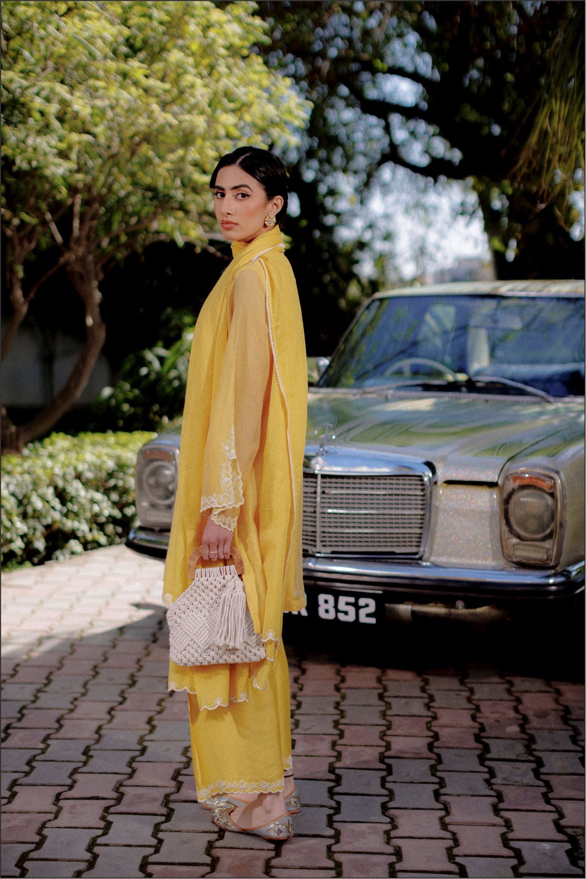 Yellow Cotton Net Kurta with Dupatta