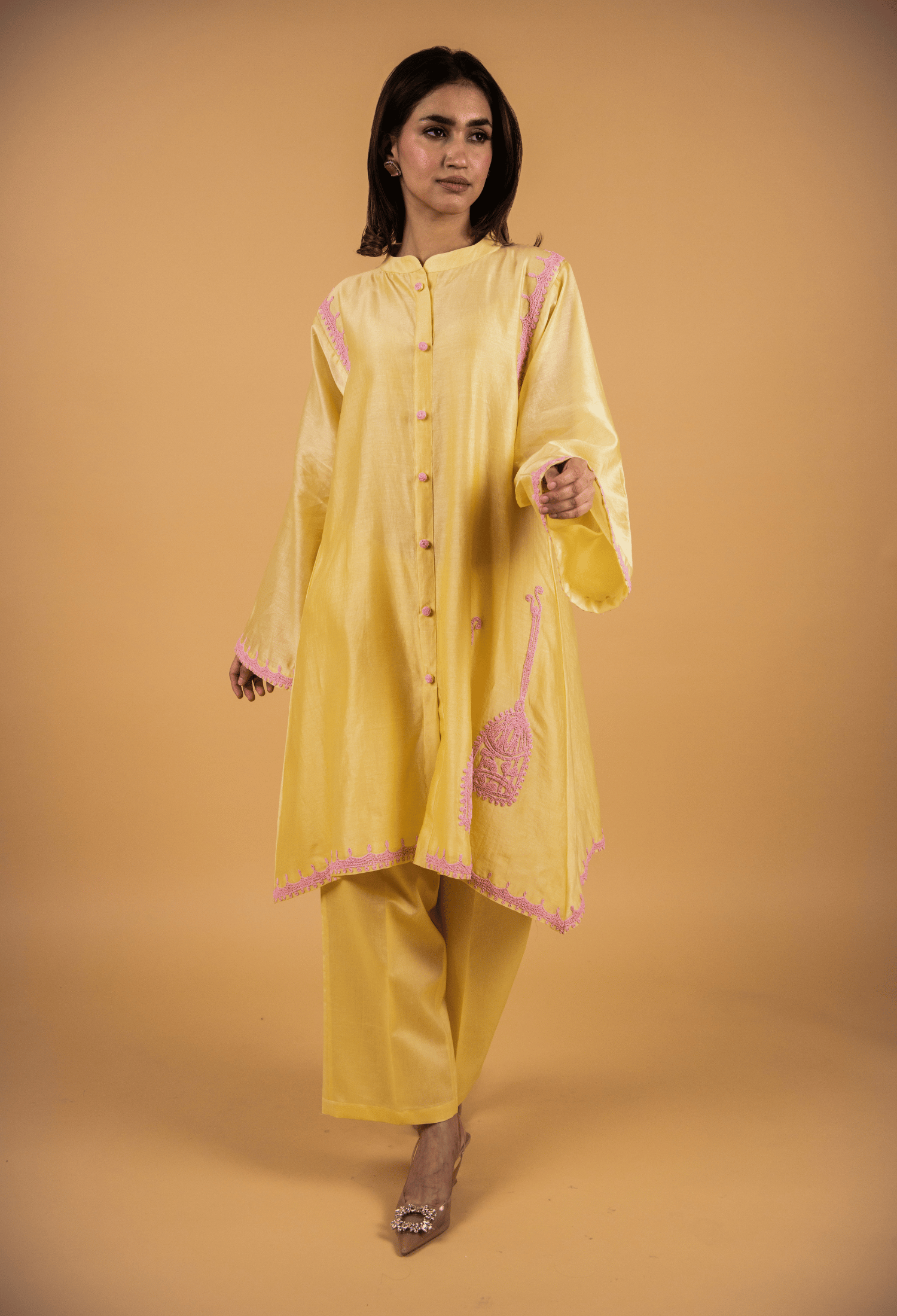 Cage Chanderi Co-ord Set - Yellow