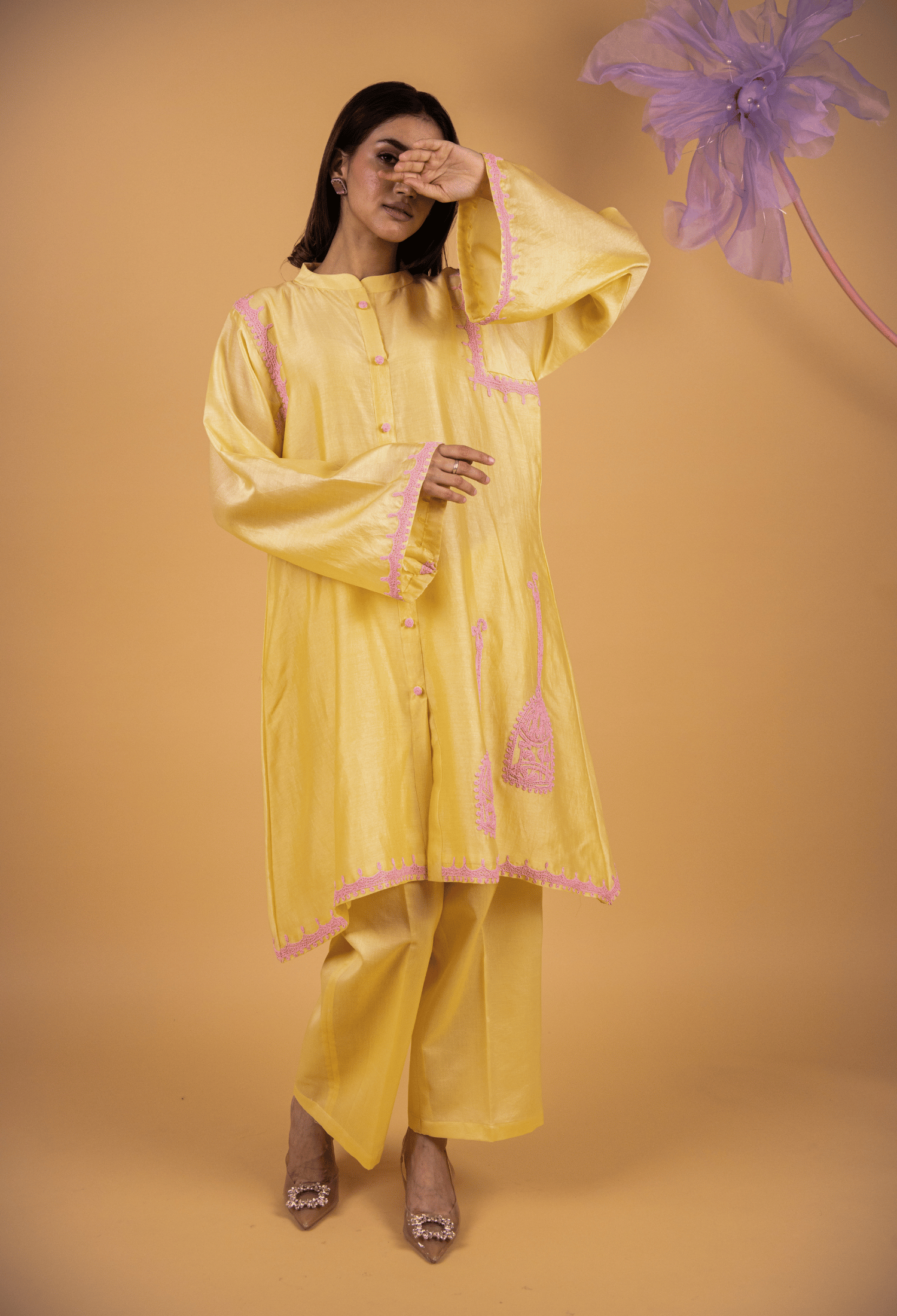 Cage Chanderi Co-ord Set - Yellow