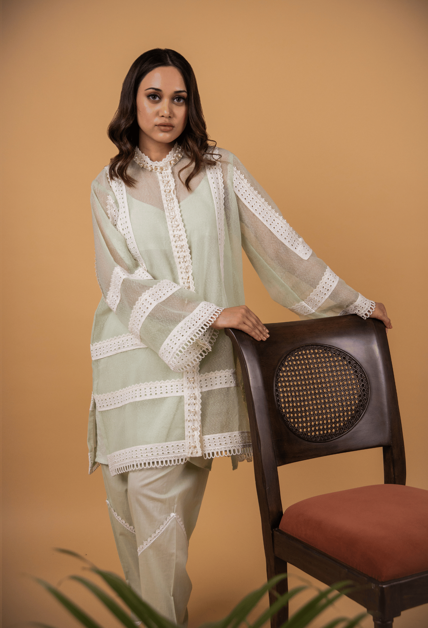 Cotton Net Pearl Jacket Suit - Pista Green