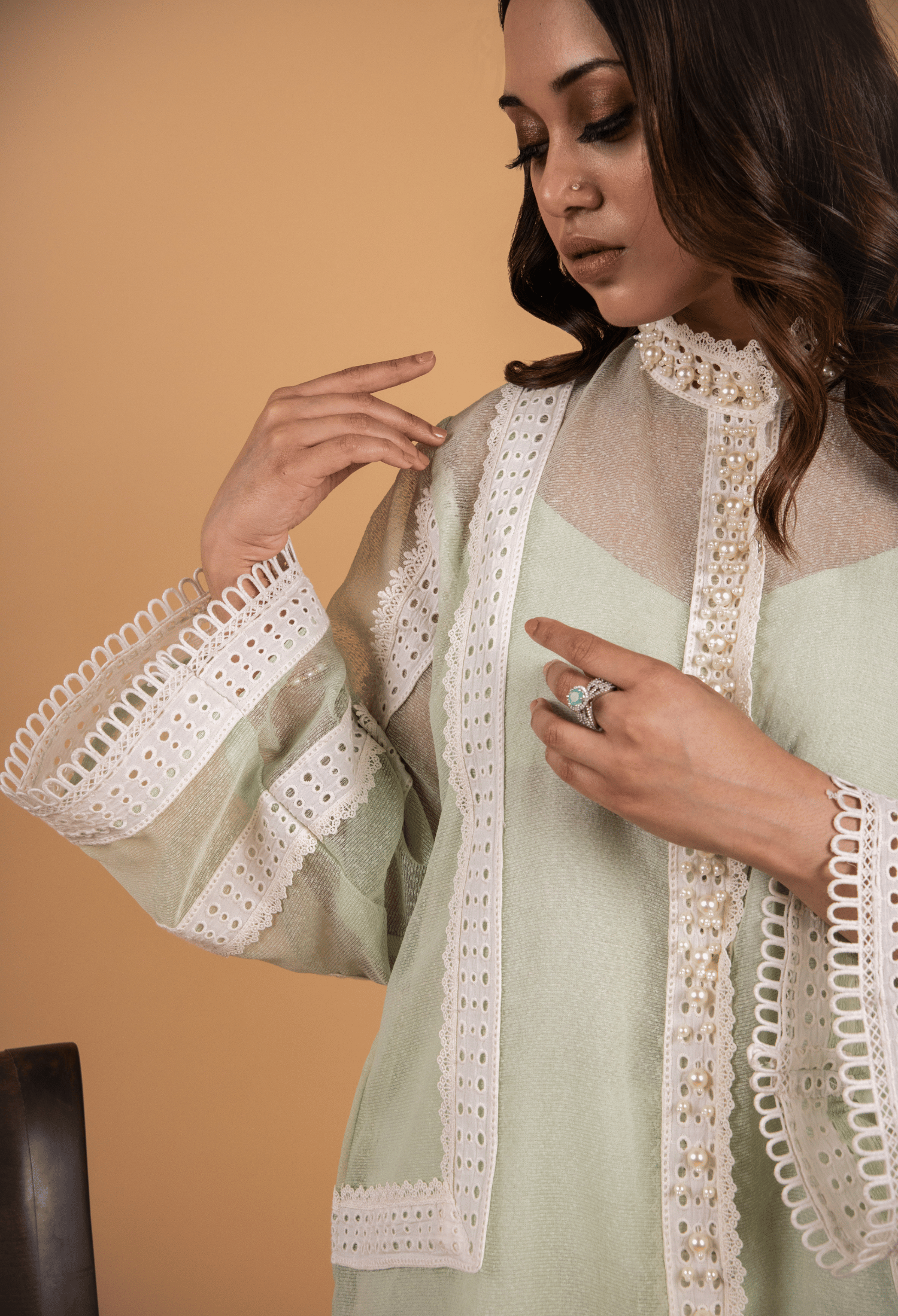 Cotton Net Pearl Jacket Suit - Pista Green