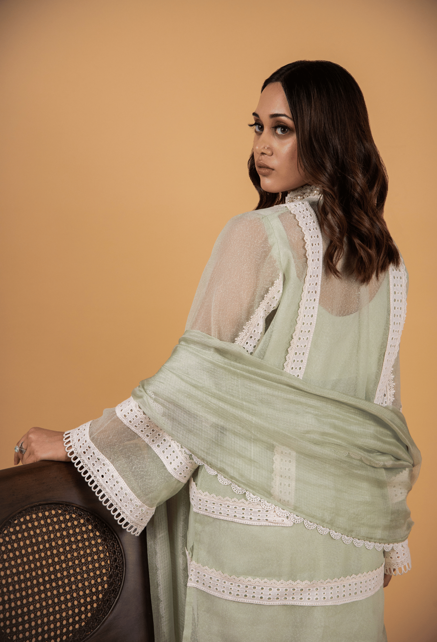 Cotton Net Pearl Jacket Suit - Pista Green