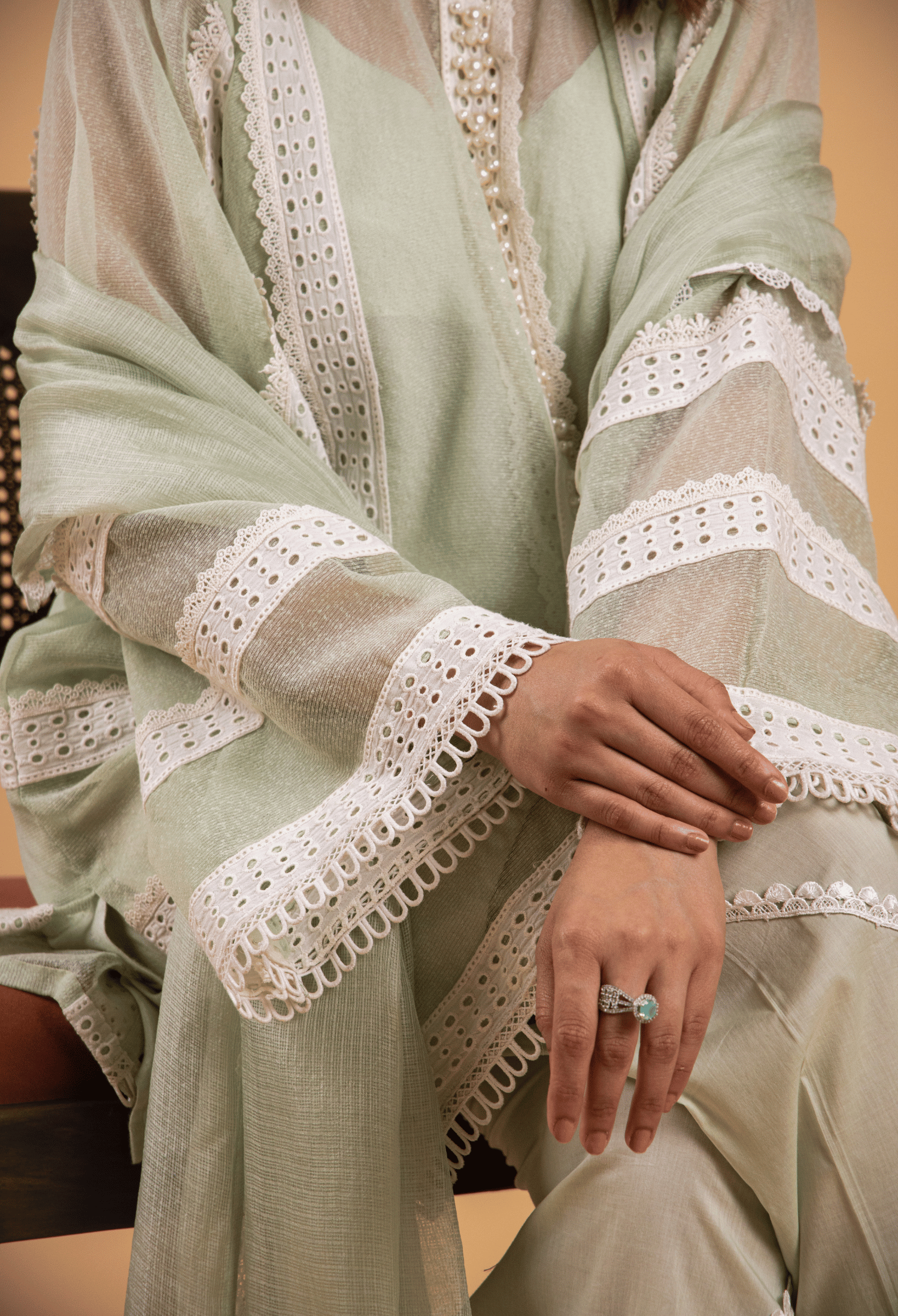 Cotton Net Pearl Jacket Suit - Pista Green