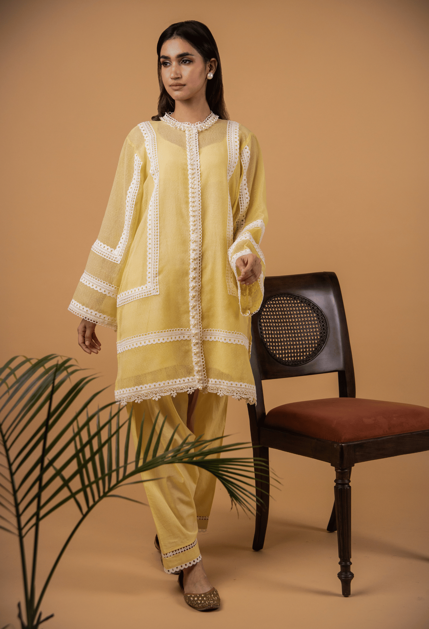 Cotton Net Pearl Jacket Suit - Yellow