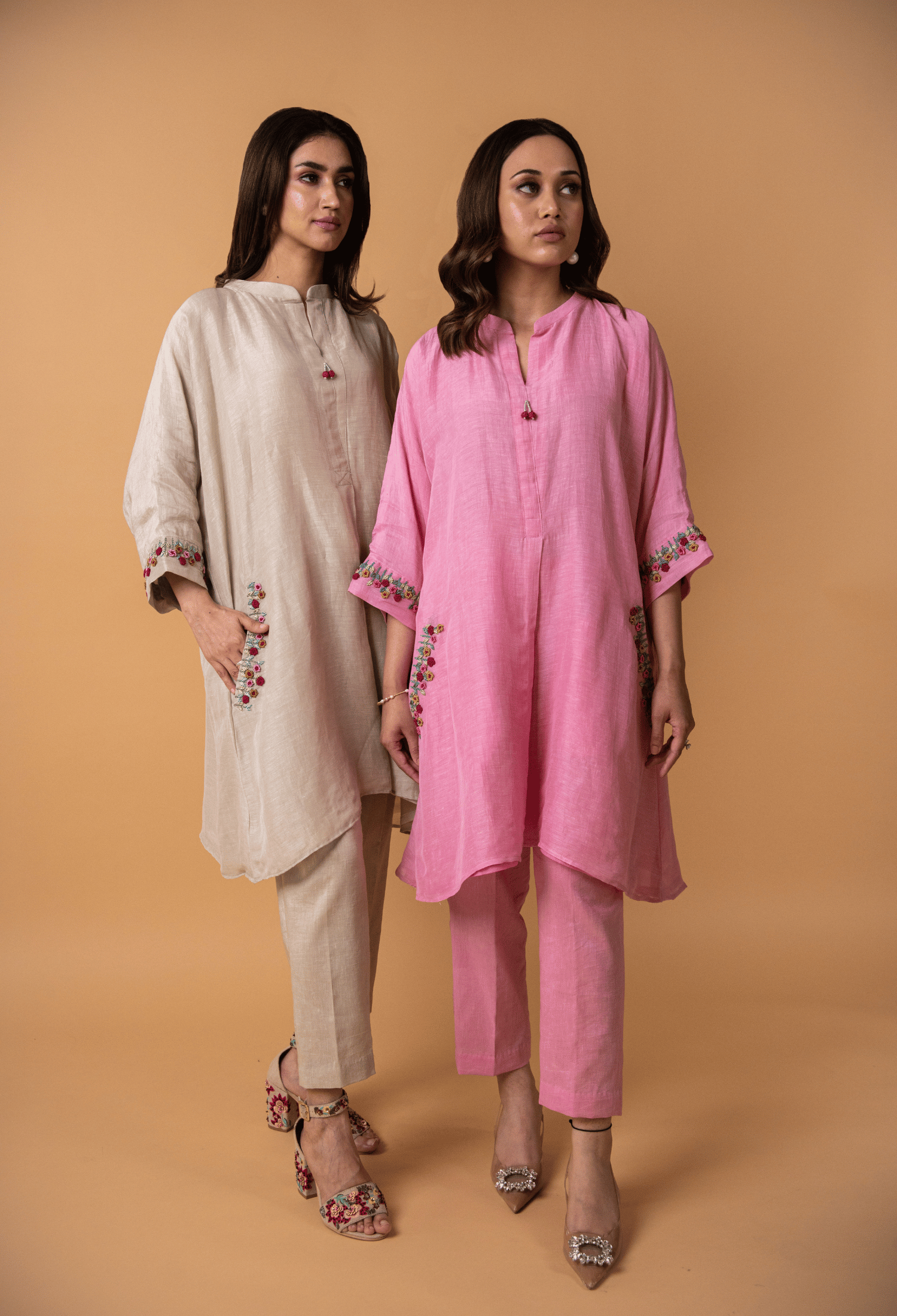 Hand Embroidered Linen Co-ord Set - Beige