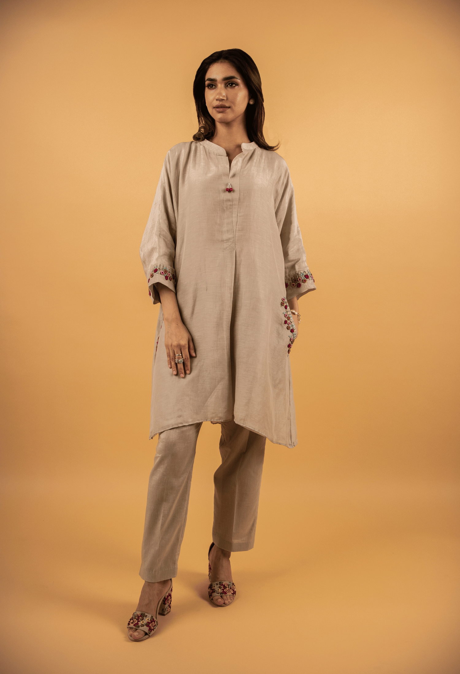 Hand Embroidered Linen Co-ord Set - Beige