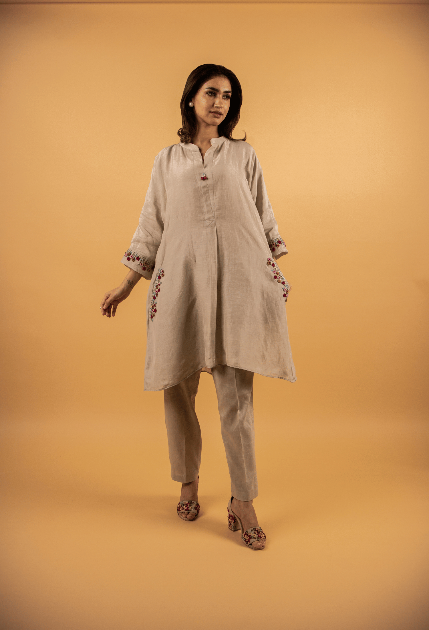 Hand Embroidered Linen Co-ord Set - Beige