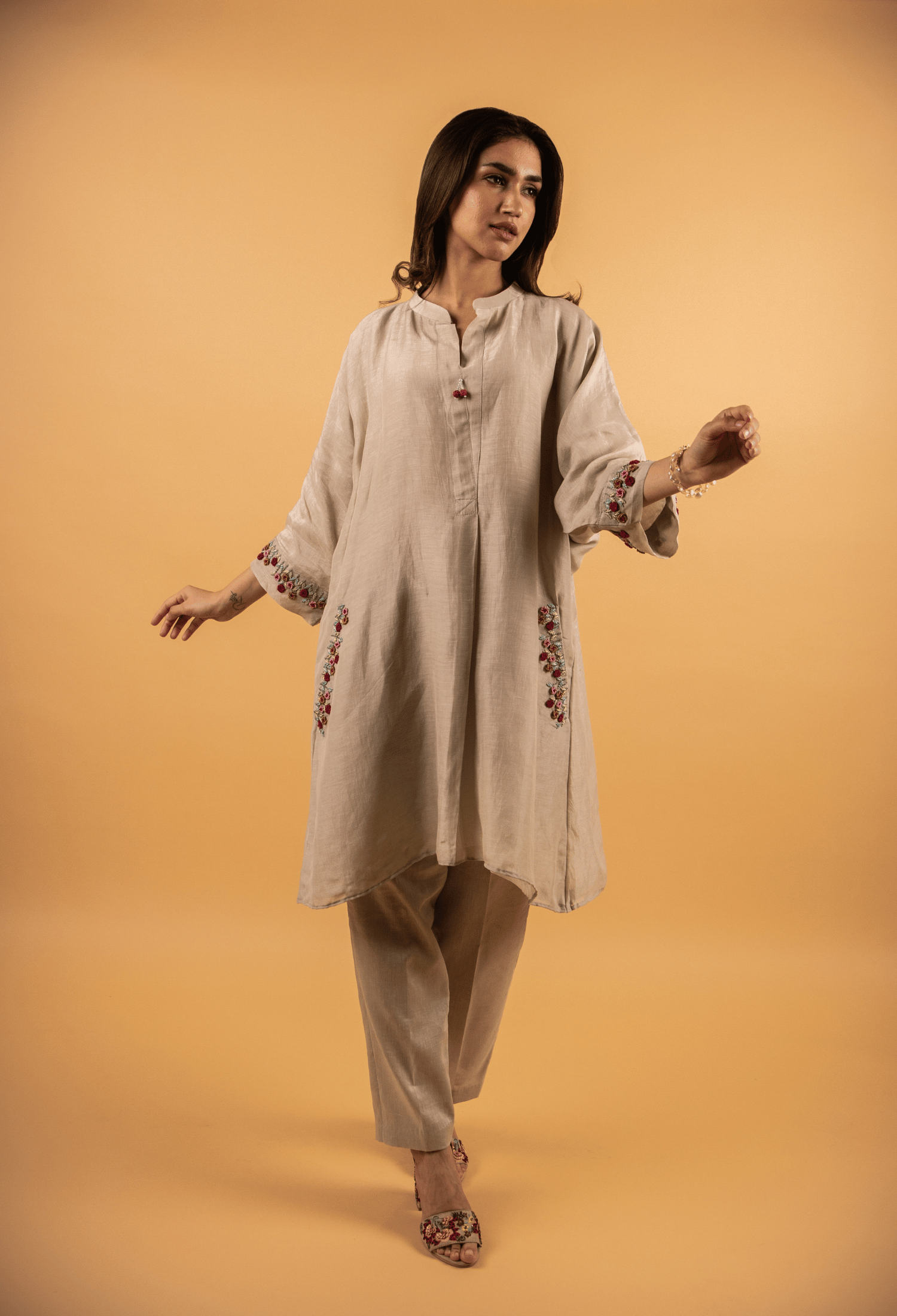 Hand Embroidered Linen Co-ord Set - Beige