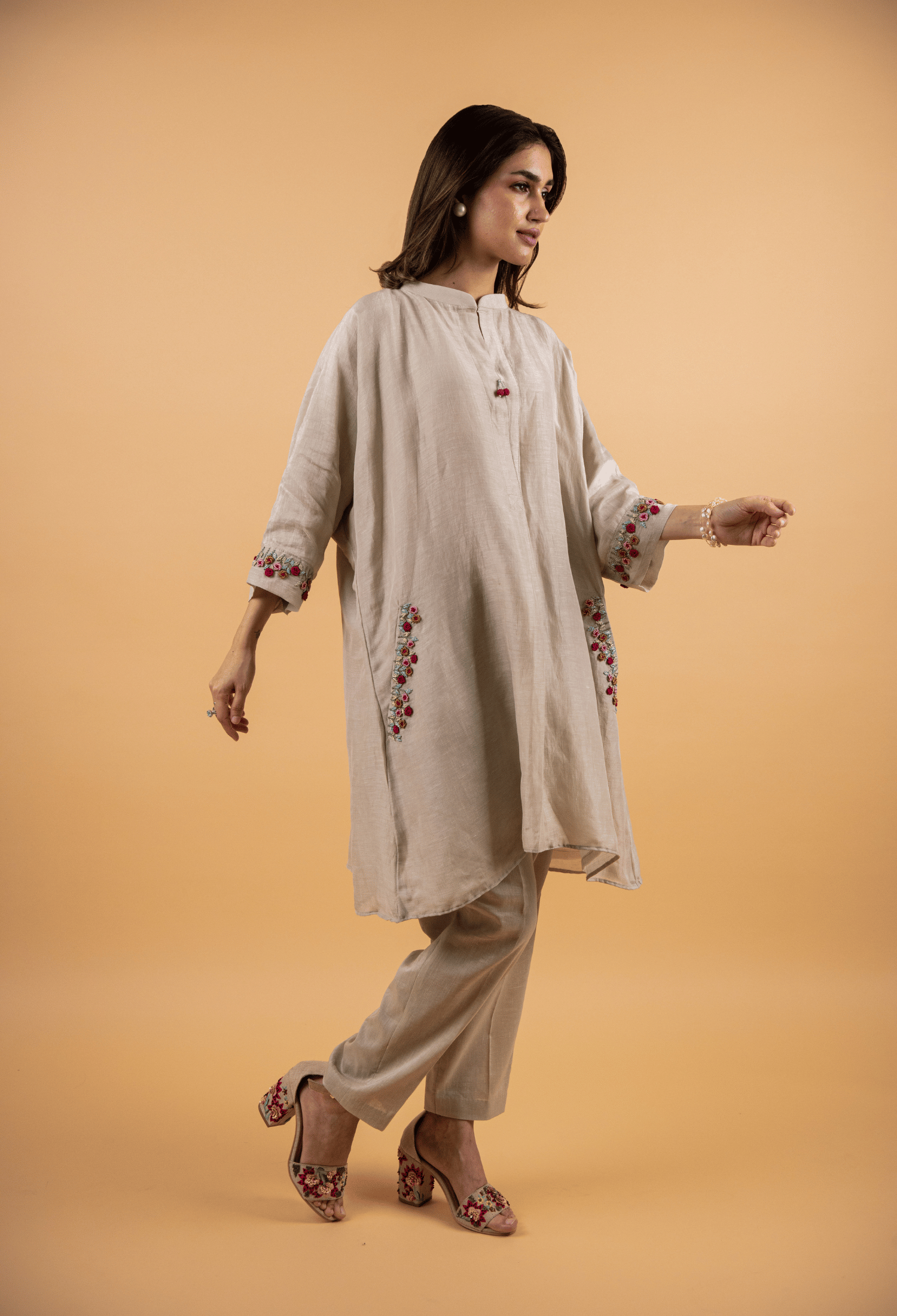 Hand Embroidered Linen Co-ord Set - Beige